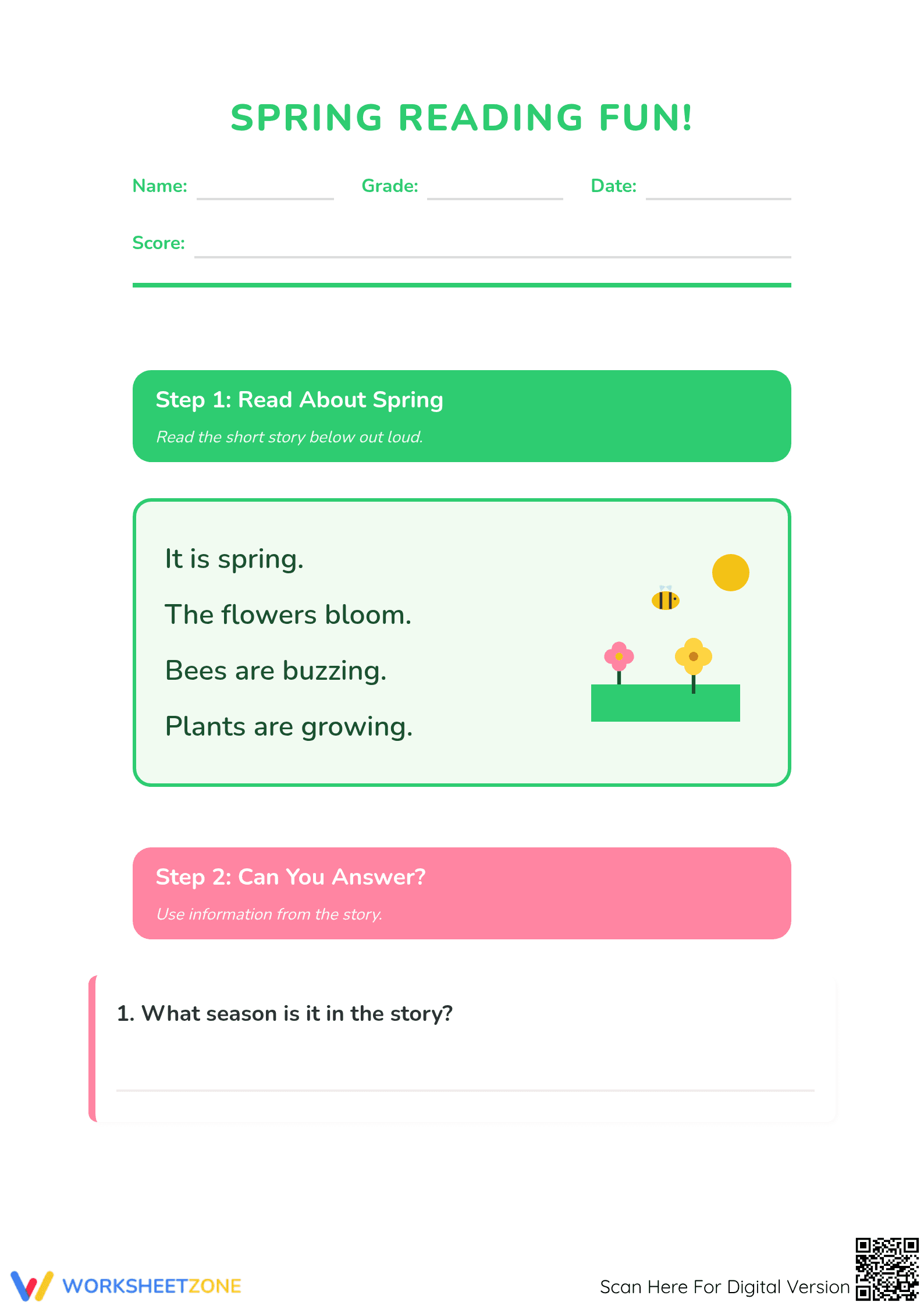 Spring Reading Worksheet | Grade 1 Printable Essential - Page 1