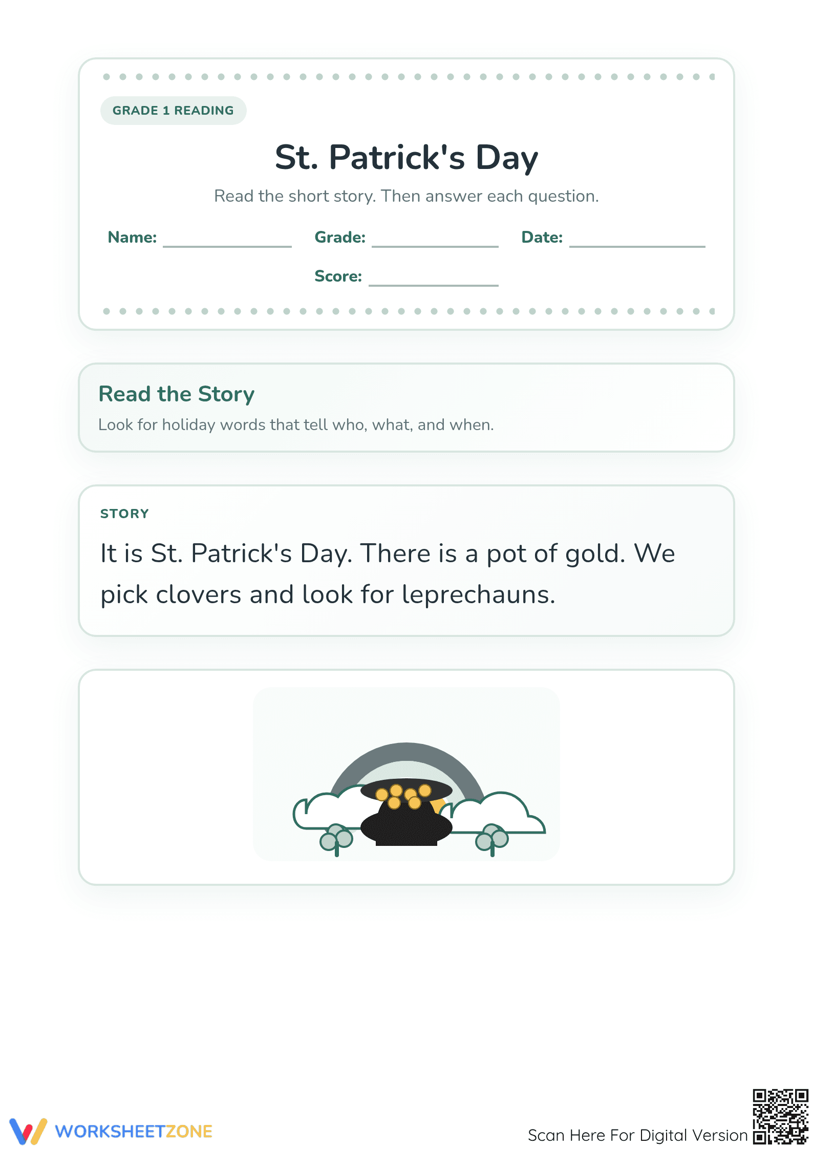 Printable St. Patrick’s Day Worksheet | Grade 1 ELA - Page 1
