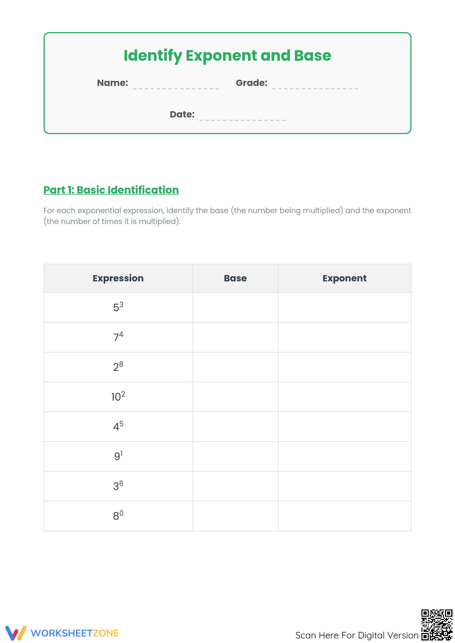 Essential Identify Exponent and Base Worksheet | Grade 6-8 - Page 1
