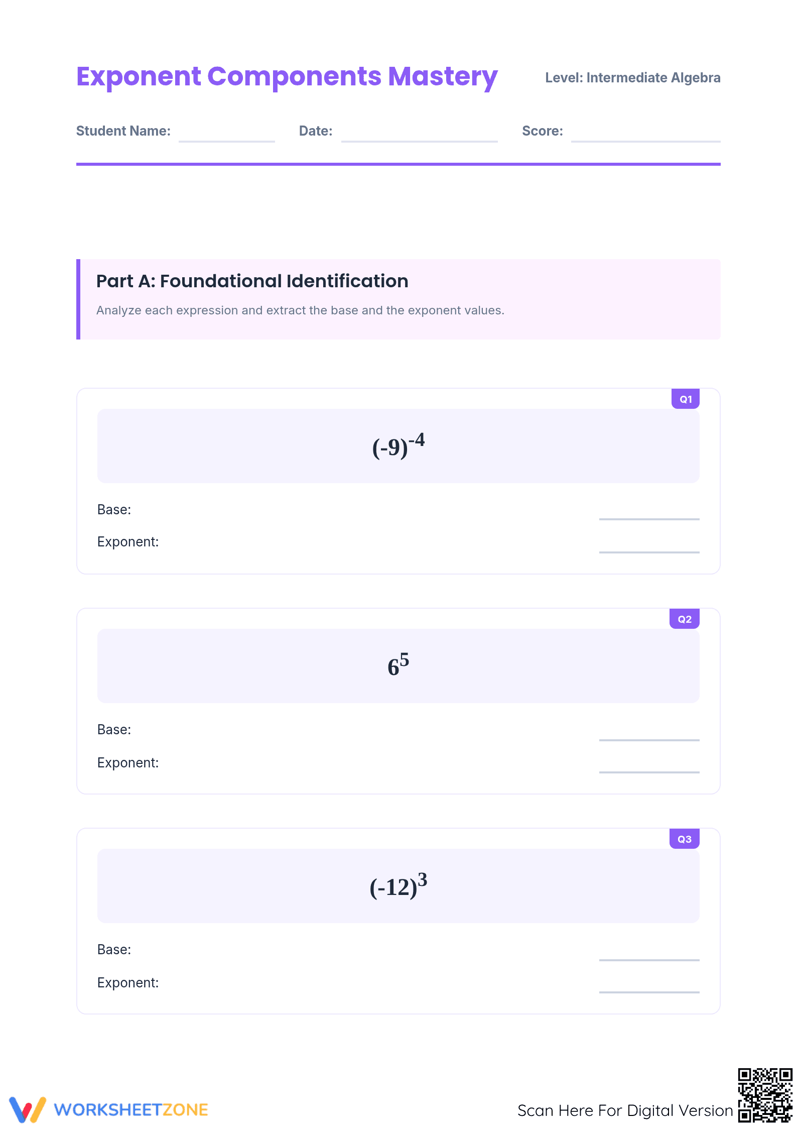 Identify Exponent and Base Worksheet | Printable Grade 6-8 - Page 1