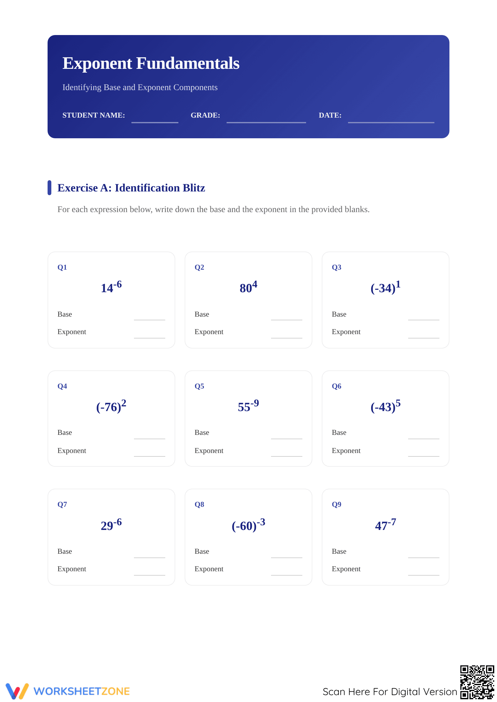 Printable Exponent and Base Worksheet | Grade 6-8 Math - Page 1