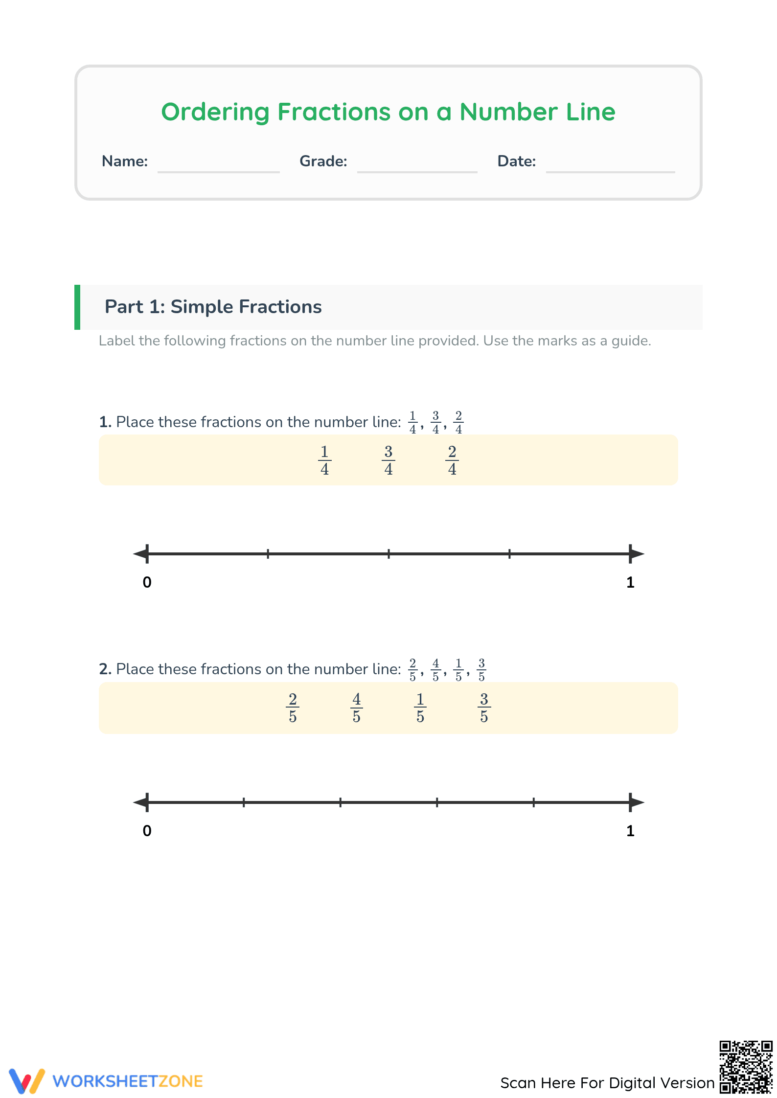 Printable Ordering Fractions on a Number Line Worksheet - Page 1