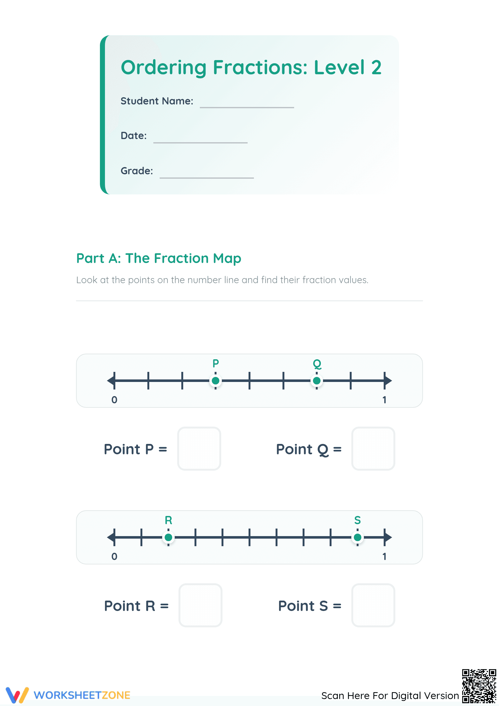 Printable Ordering Fractions on a Number Line Level 2 - Page 1