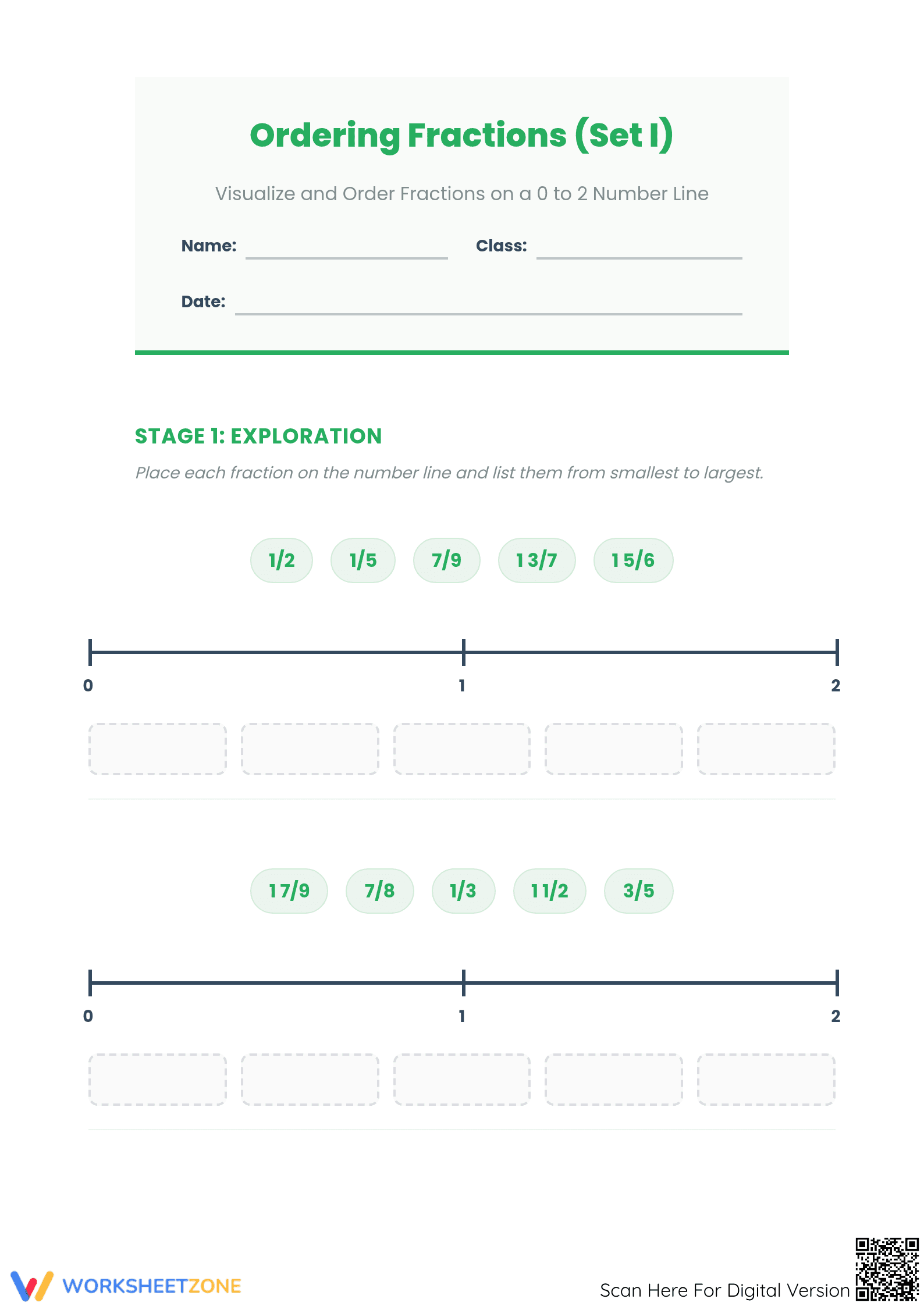 Printable Ordering Fractions on a Number Line Worksheet - Page 1