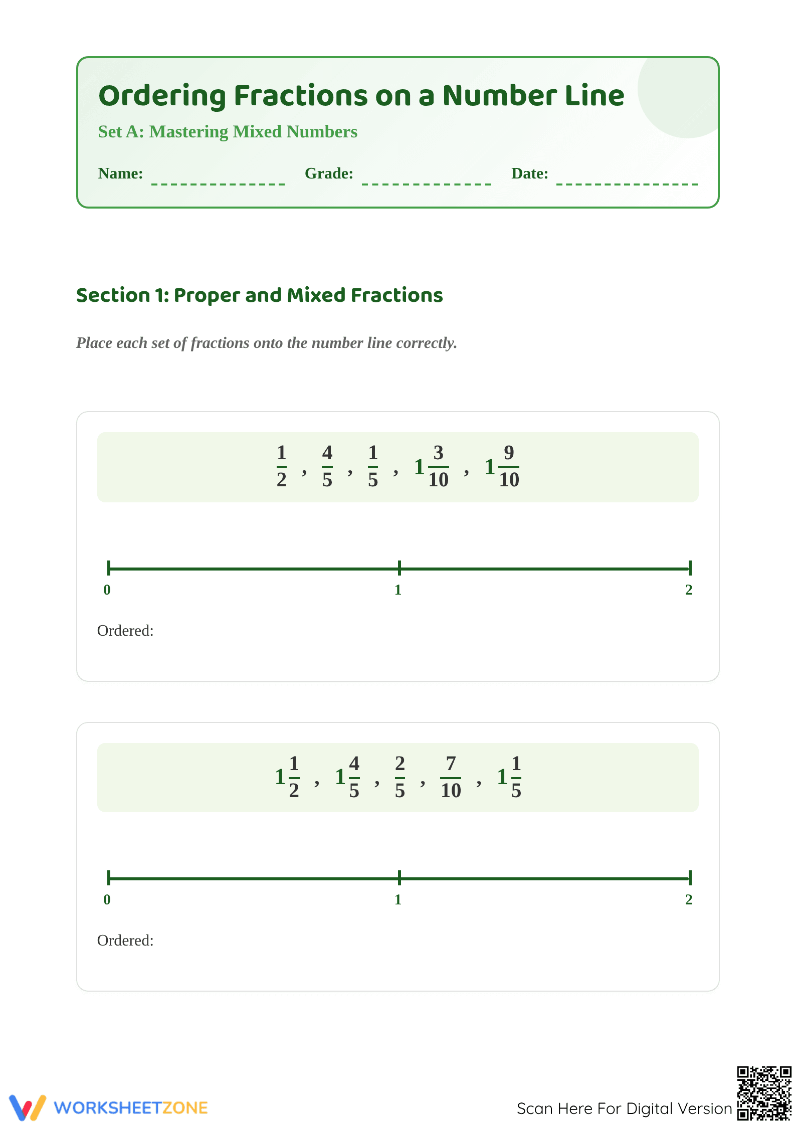 Printable Ordering Fractions on a Number Line | Grade 4-5 - Page 1