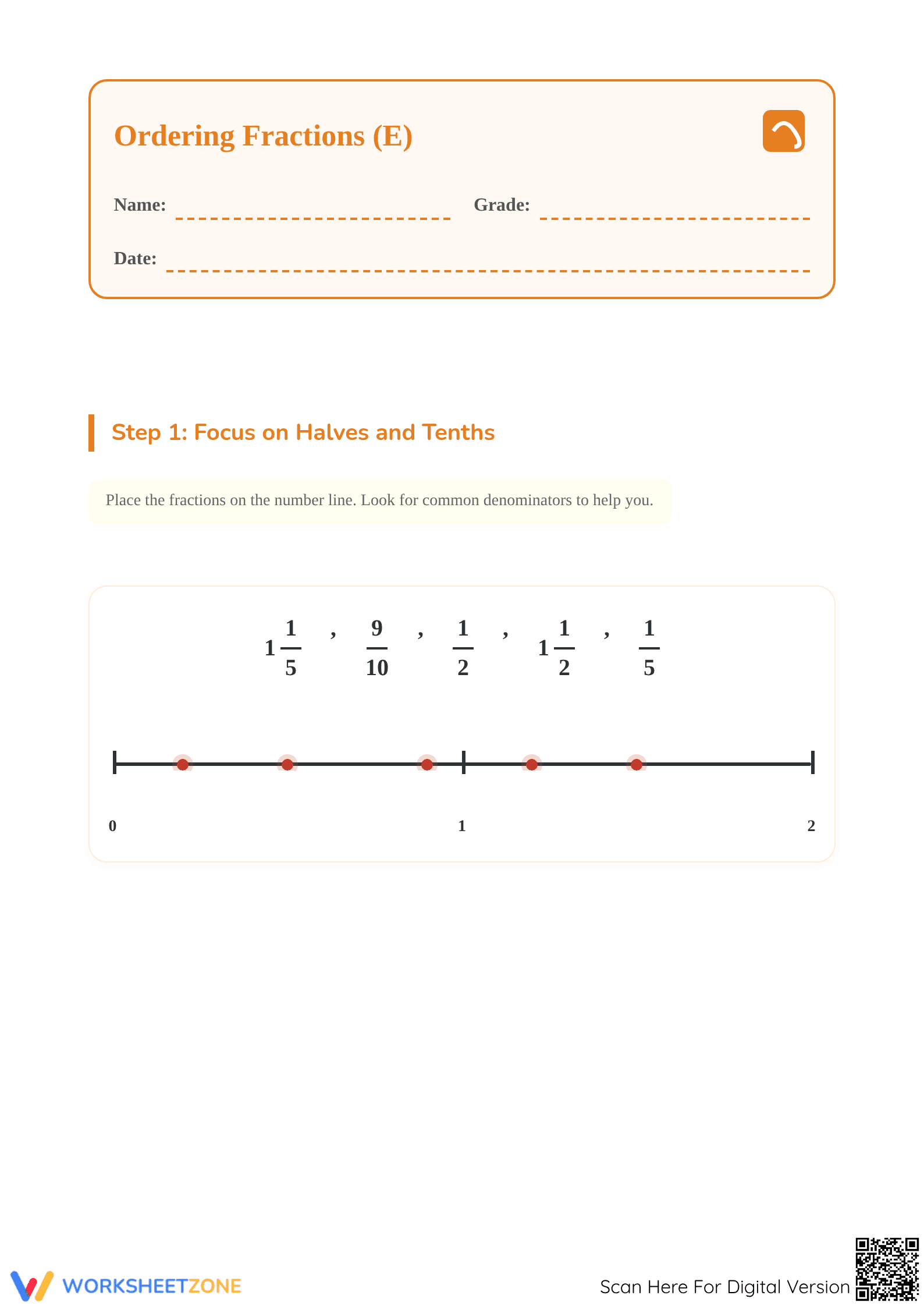 Essential Ordering Fractions on a Number Line Worksheet - Page 1