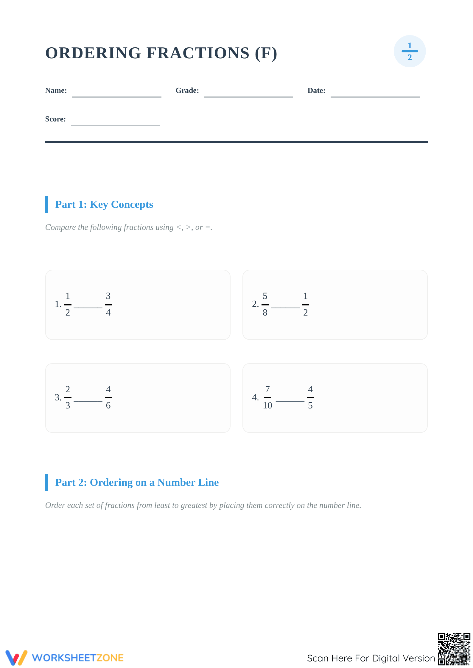 Printable Ordering Fractions on a Number Line Worksheet - Page 1