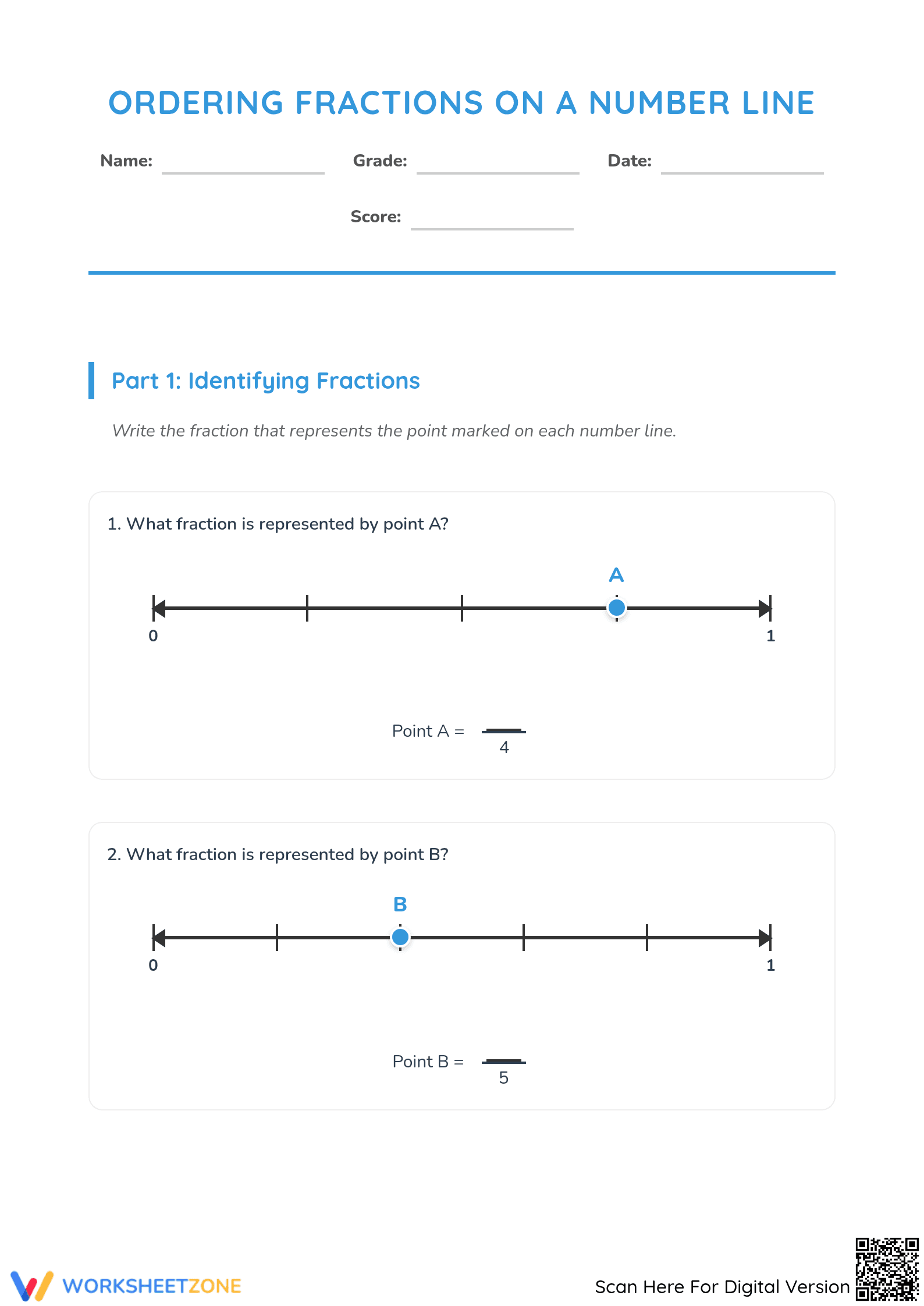 Essential Fractions: Number Line Worksheet (Grades 3-4) - Page 1
