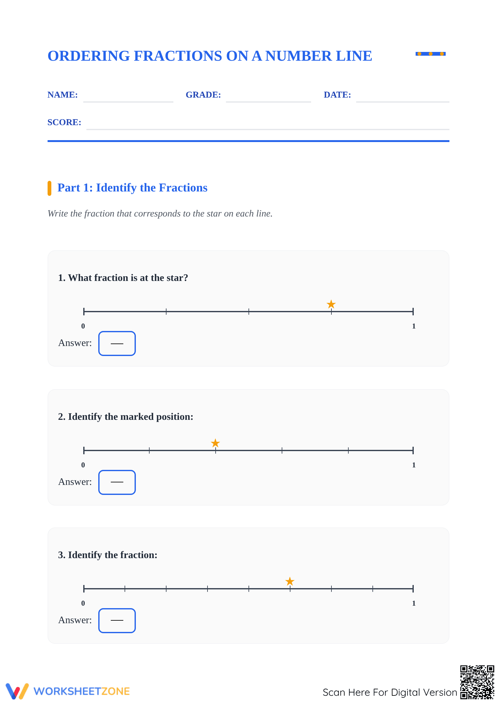 Printable Ordering Fractions on a Number Line Worksheet - Page 1