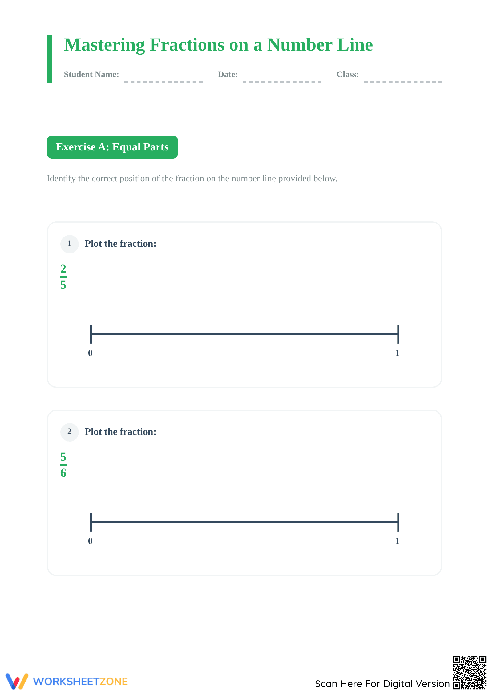Printable Ordering Fractions on a Number Line Worksheet - Page 1
