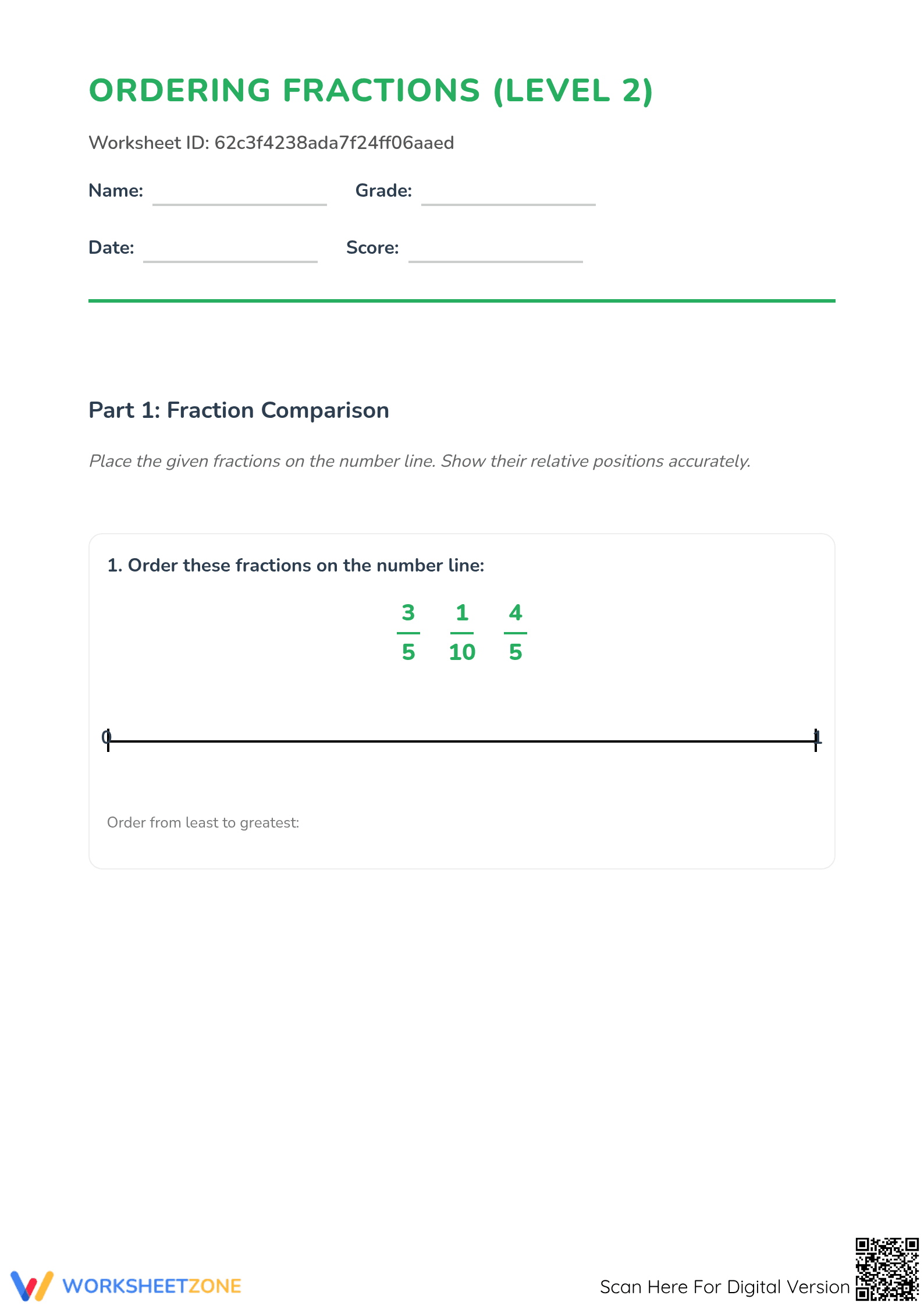 Printable Ordering Fractions on a Number Line Worksheet - Page 1