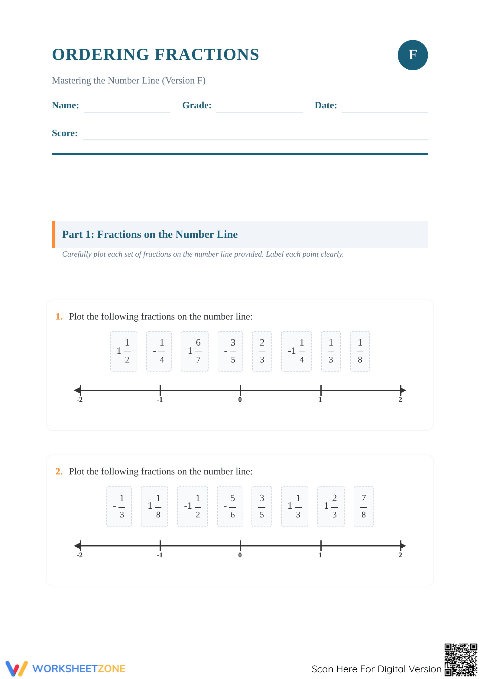 Printable Ordering Fractions on a Number Line Worksheet - Page 1