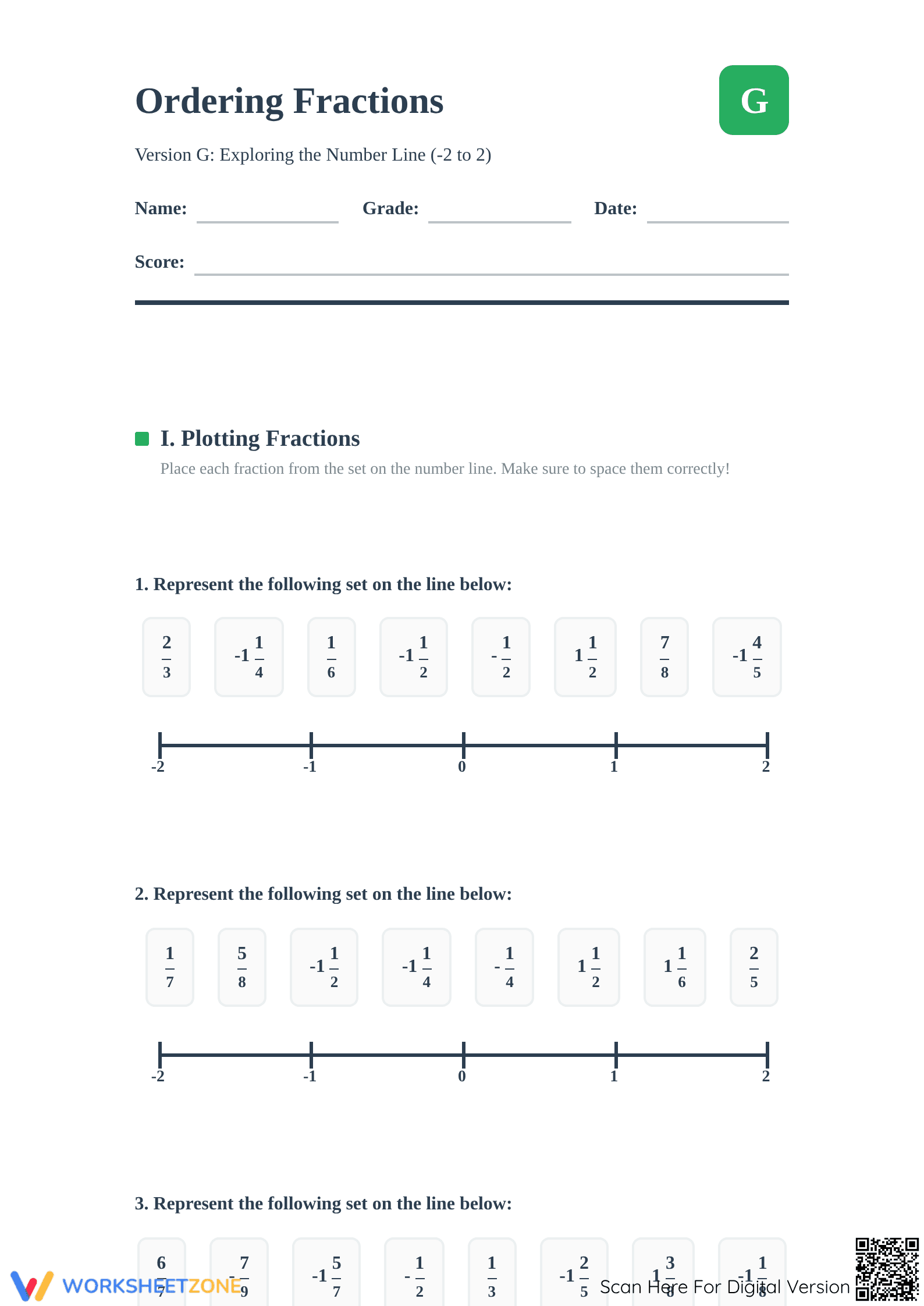 Printable Ordering Fractions on a Number Line Worksheet - Page 1