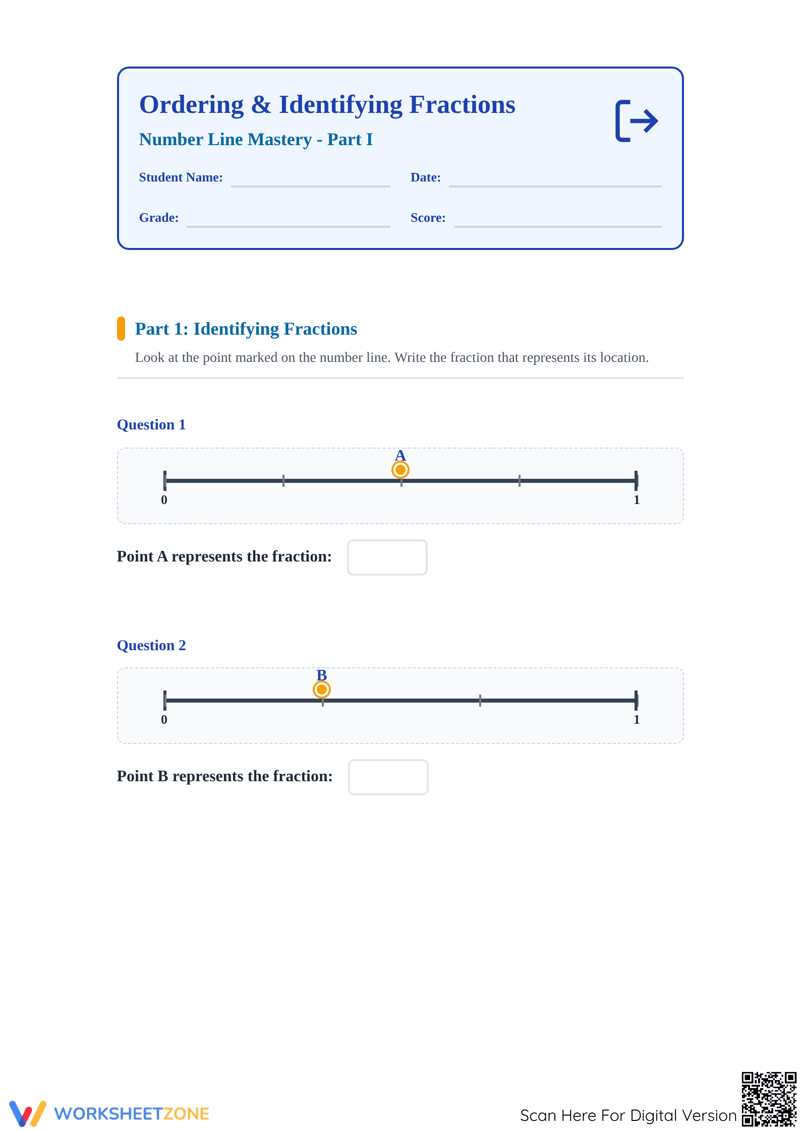 Ordering Fractions on a Number Line Printable Mastery Pack - Page 1