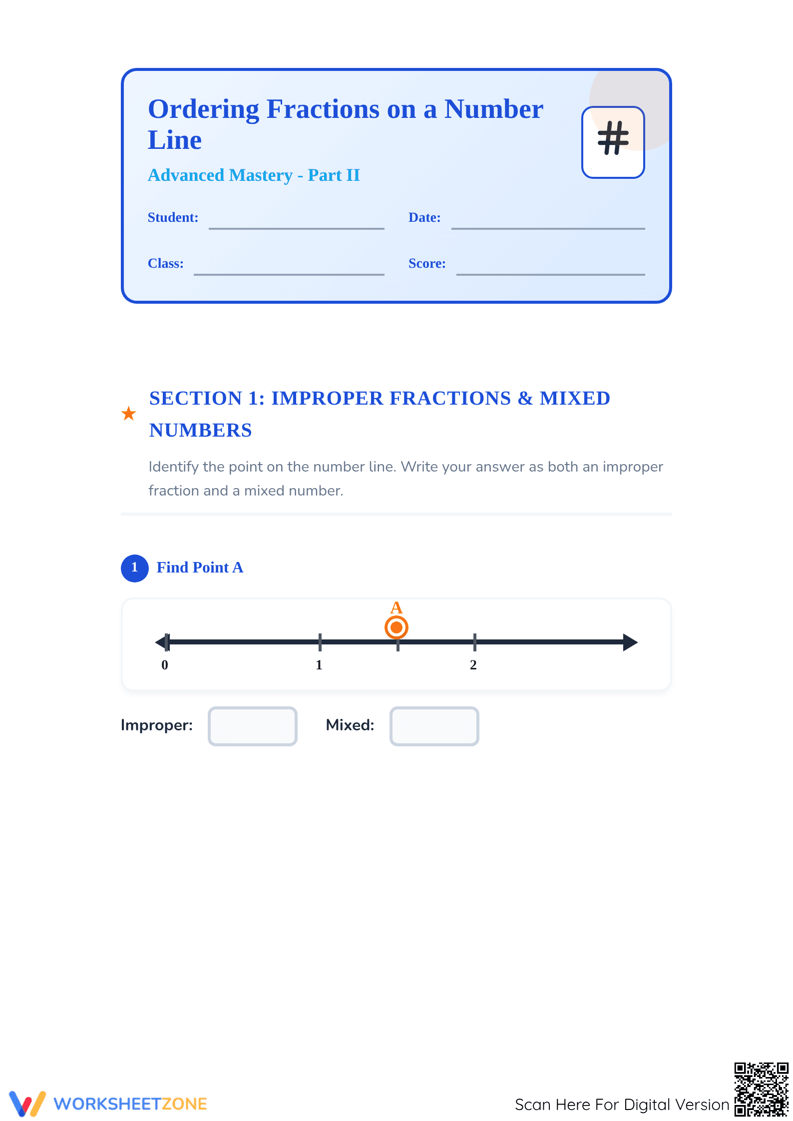 Printable Ordering Fractions on a Number Line Worksheet - Page 1