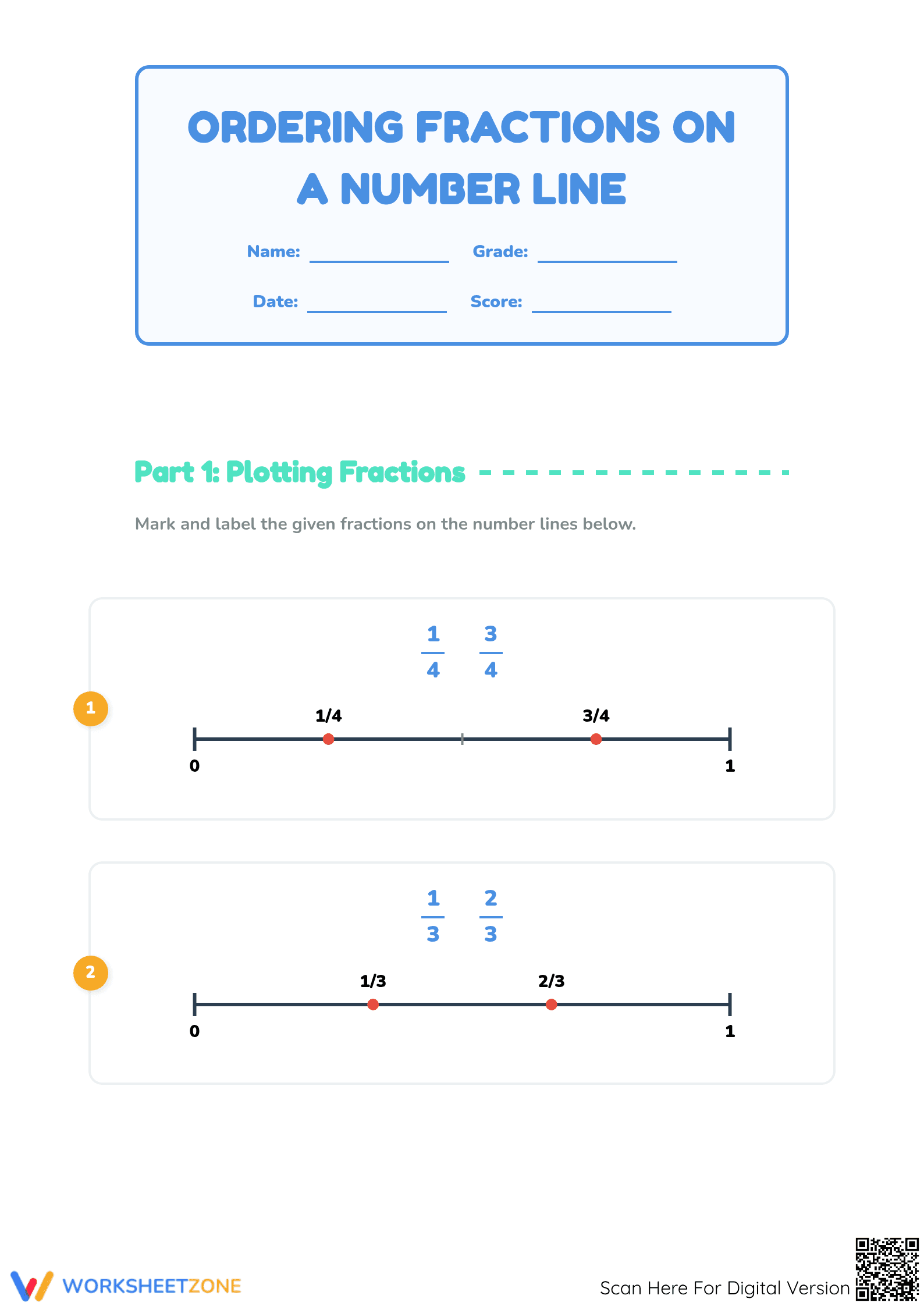 Printable Ordering Fractions on a Number Line | Grades 3-4 - Page 1