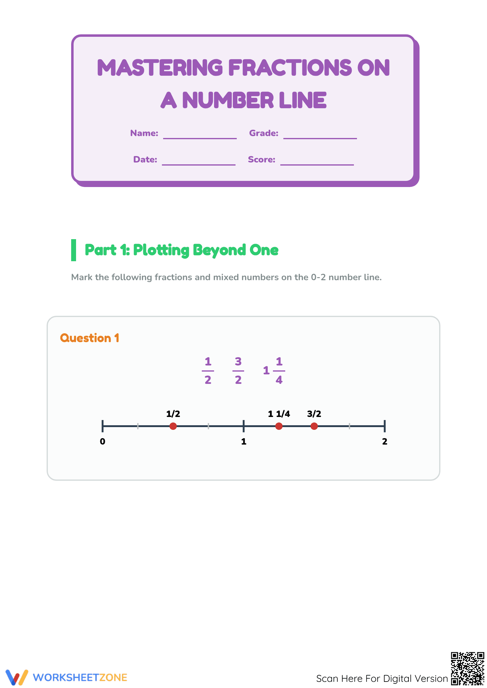 Ordering Fractions on Number Line | Printable Math - Page 1