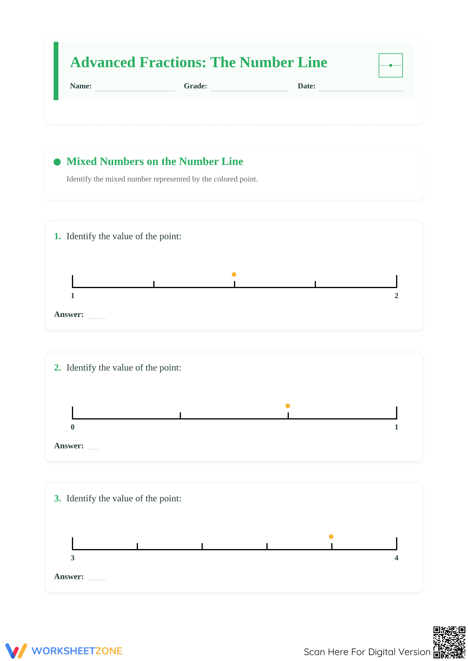 Printable Advanced Fractions on a Number Line Worksheet - Page 1