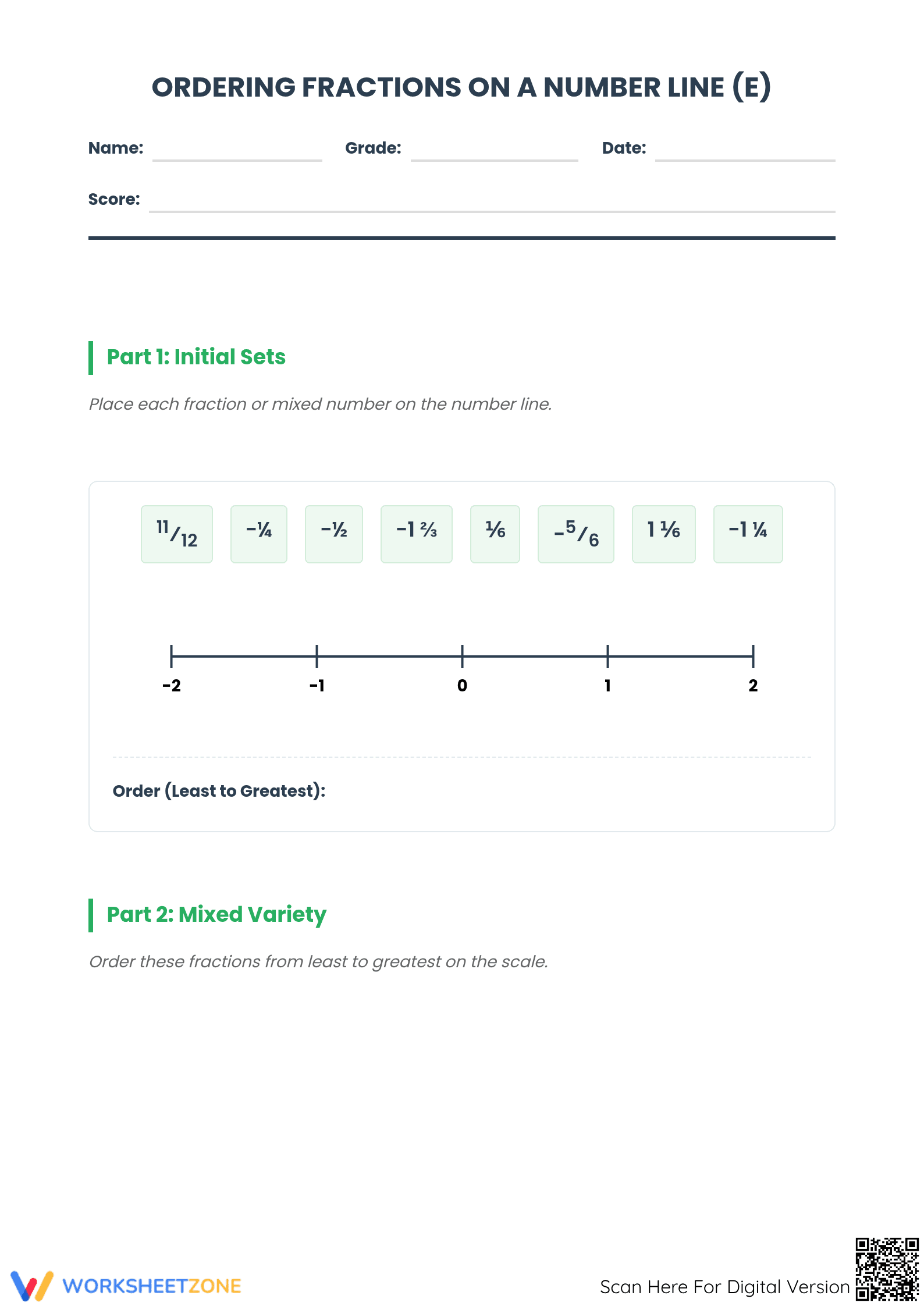 Essential Number Line Worksheet | Ordering Fractions - Page 1
