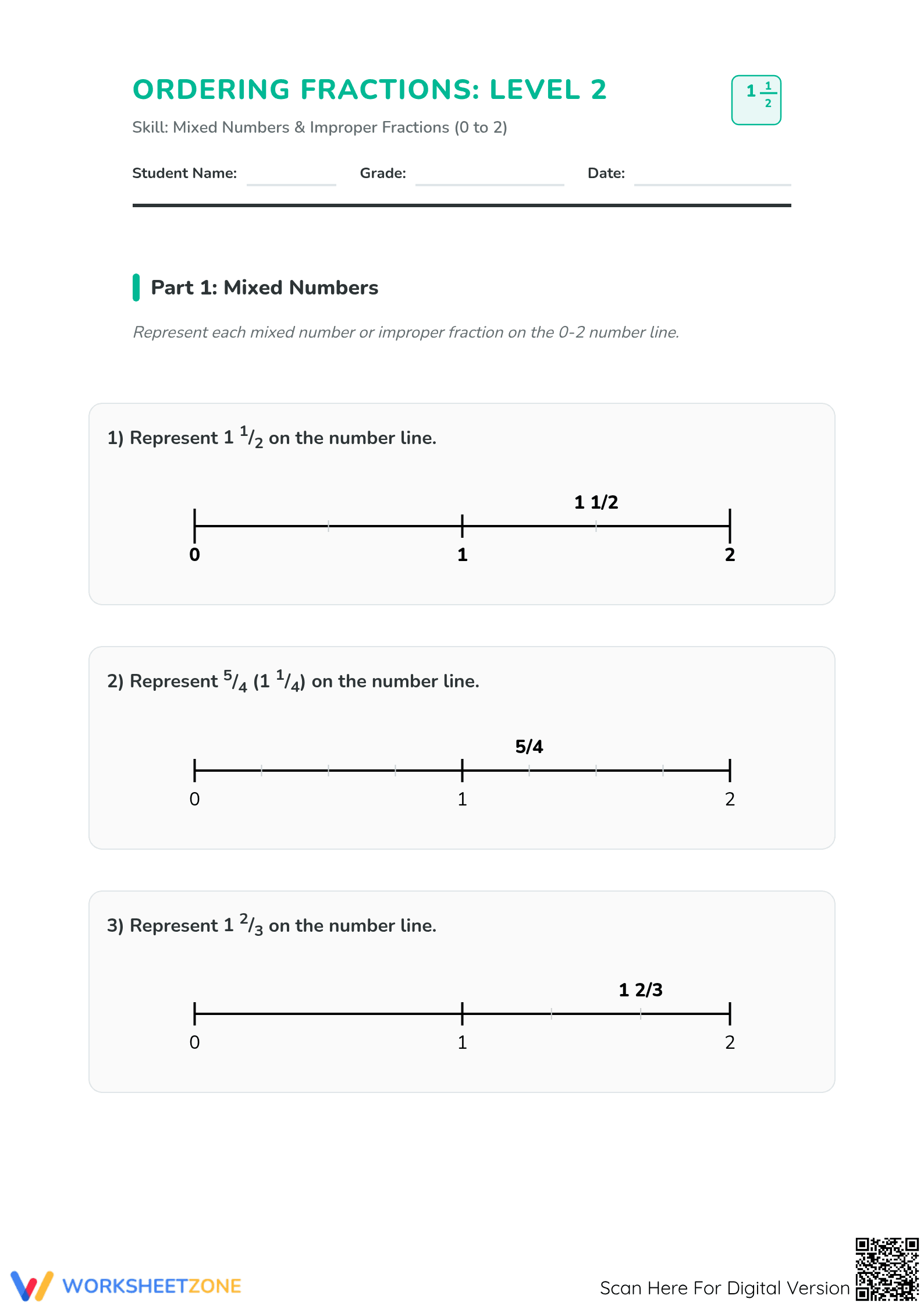 Printable Ordering Fractions on a Number Line Worksheet - Page 1