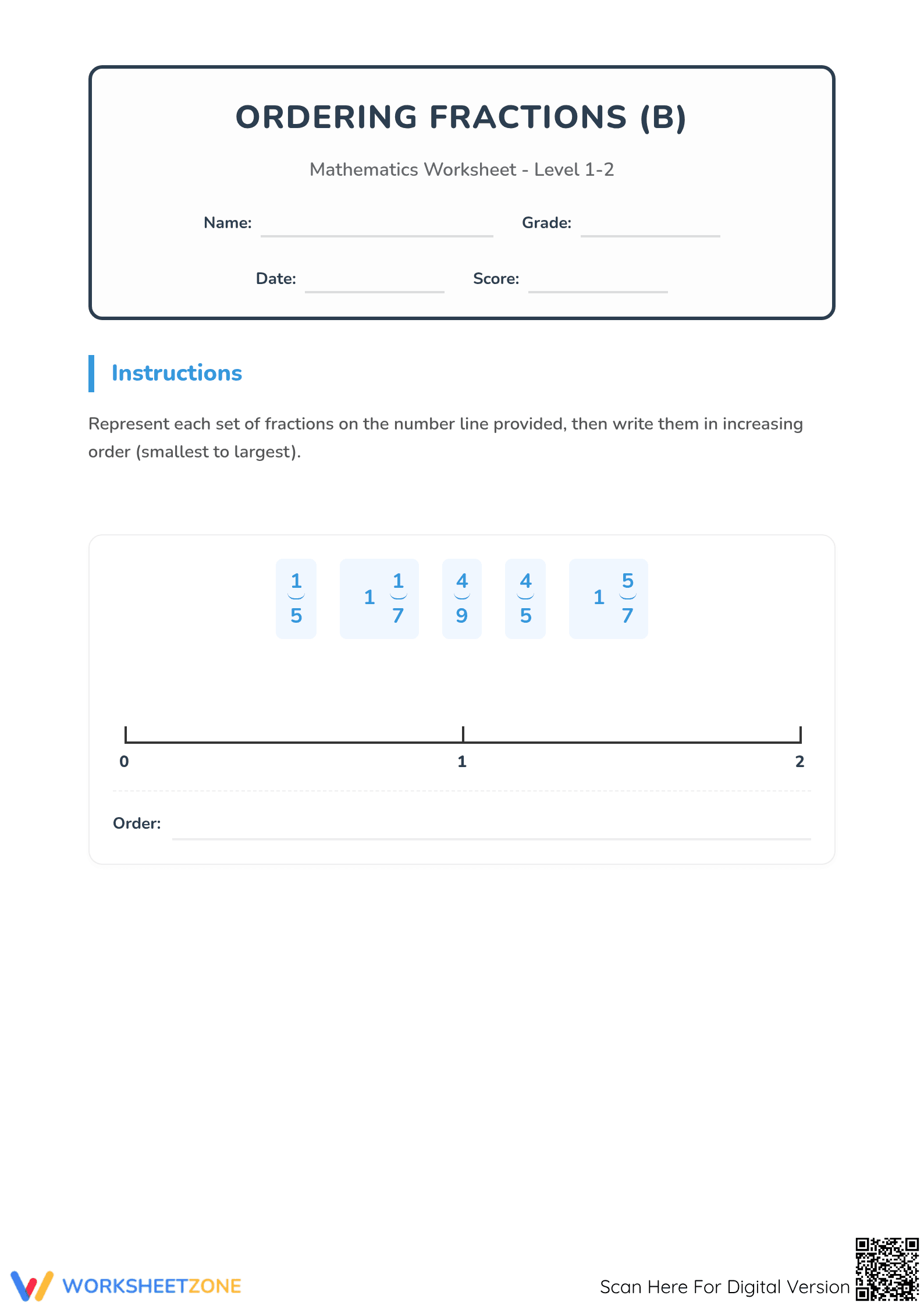 Printable Ordering Fractions on a Number Line Worksheet - Page 1