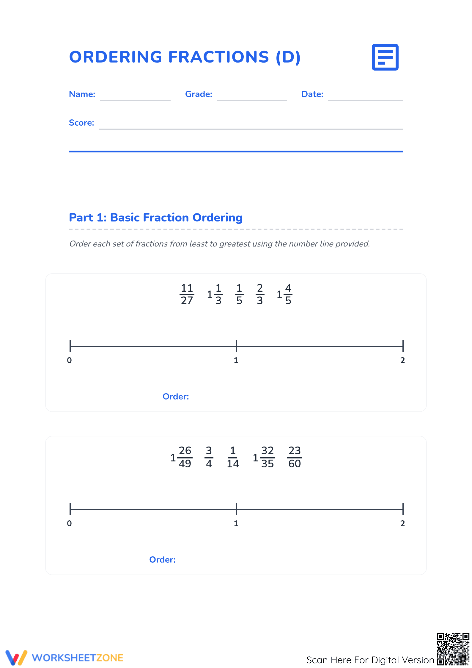 Ordering Fractions Worksheet | Grade 4 Math Printable - Page 1