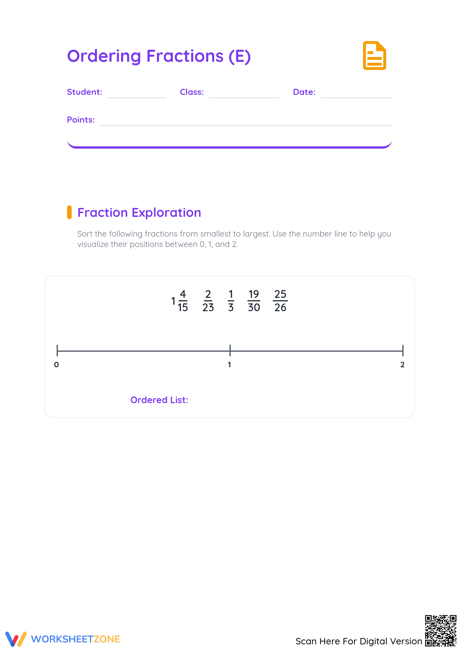 Essential Grade 3-5 Ordering Fractions on a Number Line - Page 1