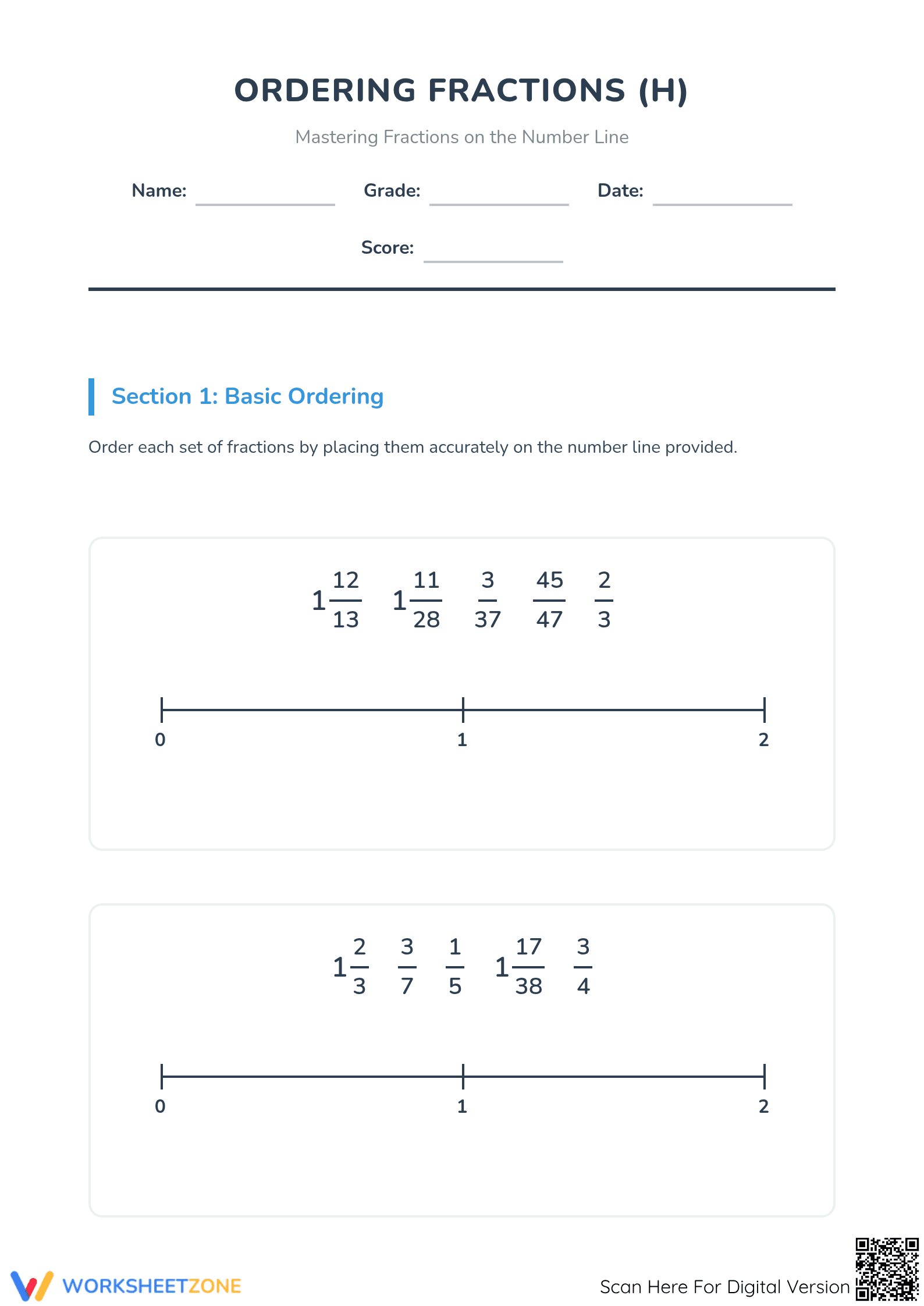 Essential Printable: Ordering Fractions on a Number Line - Page 1