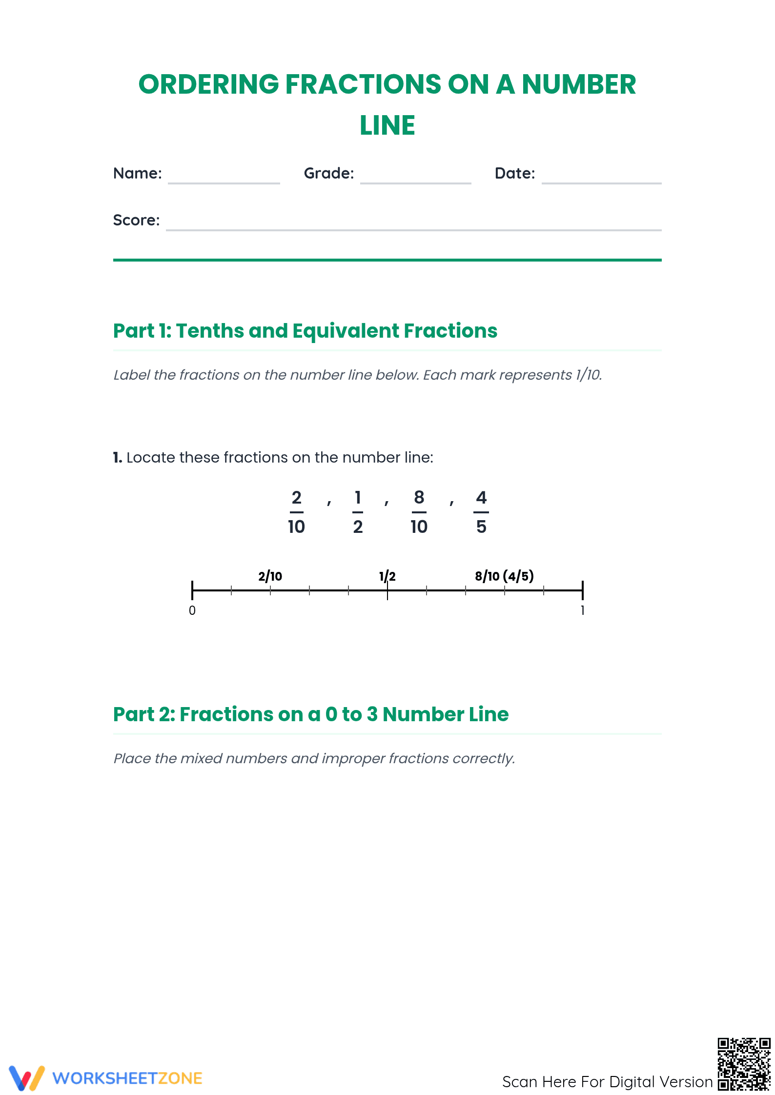 Ordering Fractions on a Number Line Printable Worksheet - Page 1