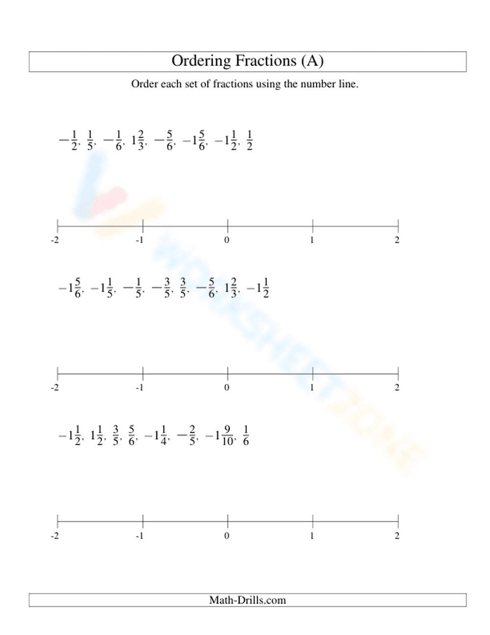 Ordering Positive and Negative Fractions on a Number Line - Page 1