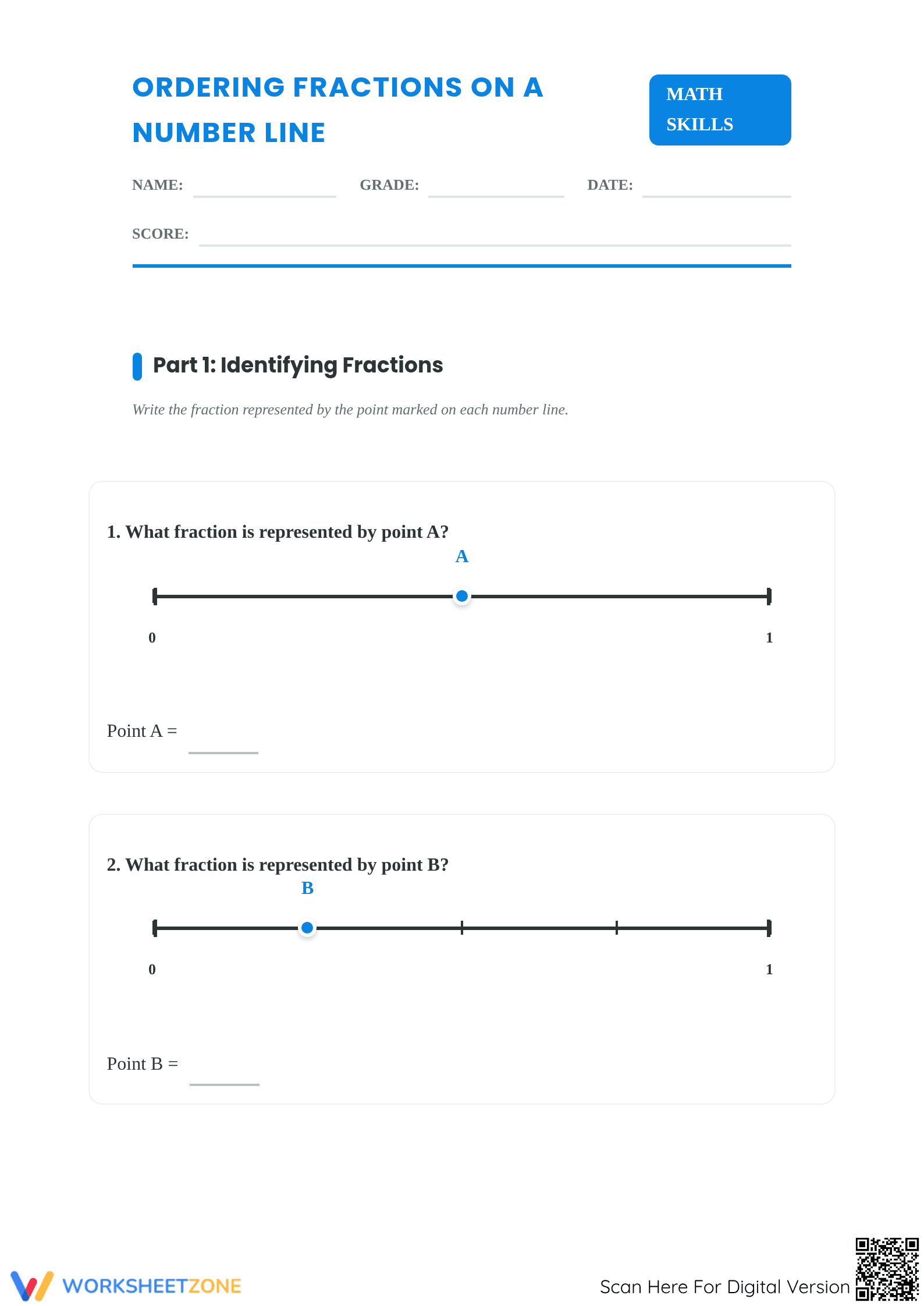 Essential Ordering Fractions on a Number Line Worksheet - Page 1