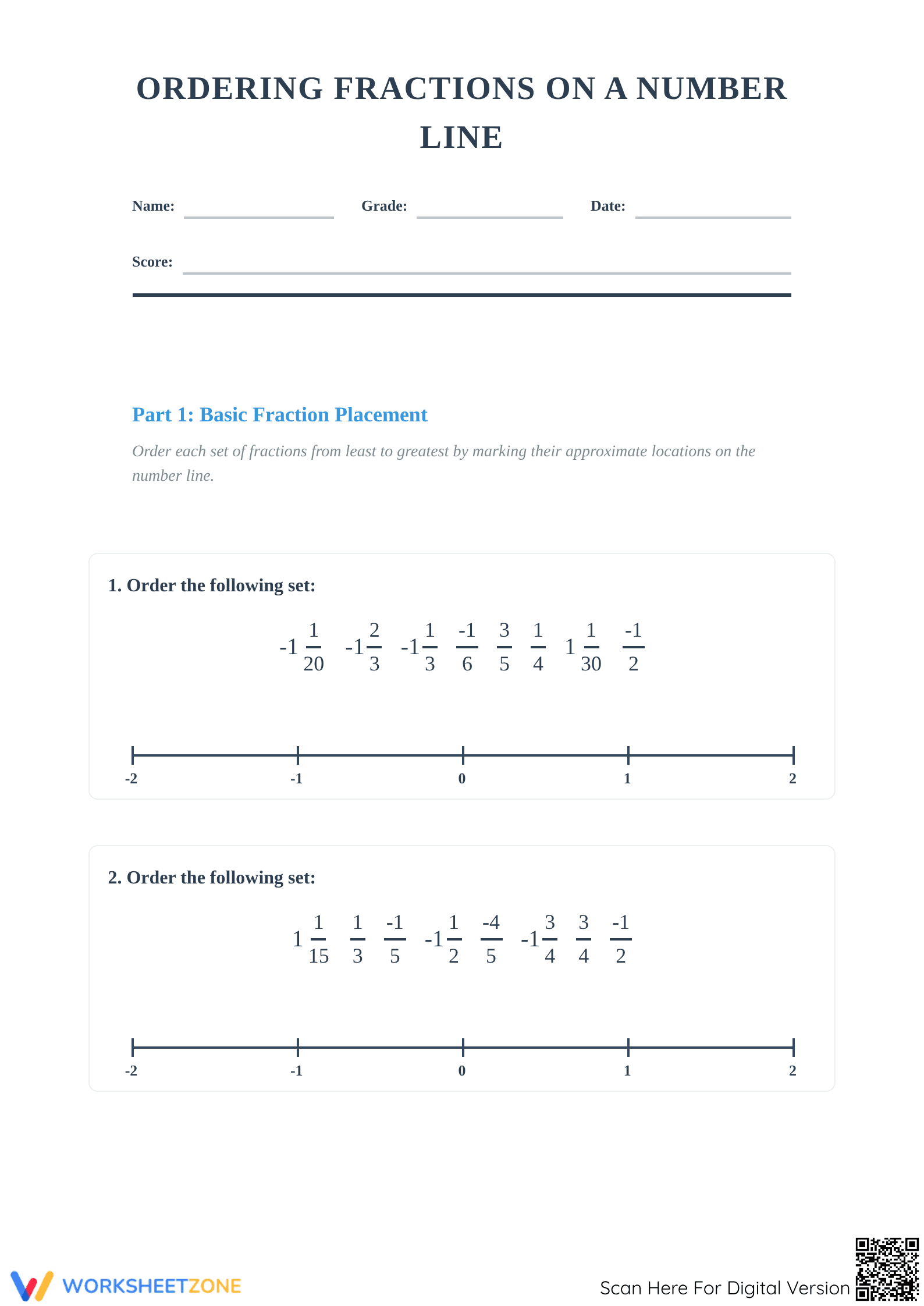 Printable Ordering Fractions on a Number Line Worksheet - Page 1