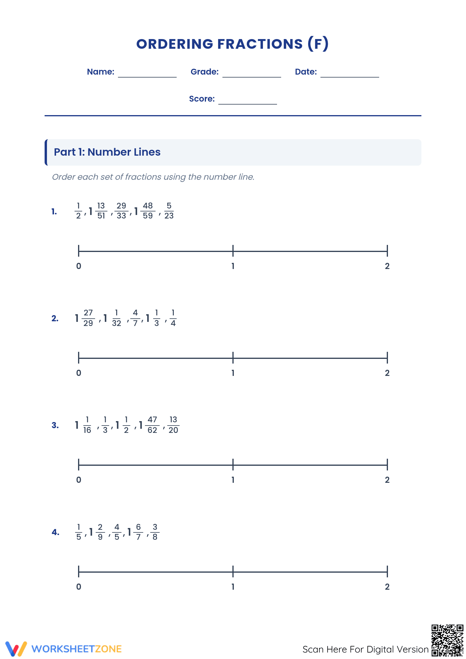Ordering Fractions on a Number Line | Printable Worksheet - Page 1