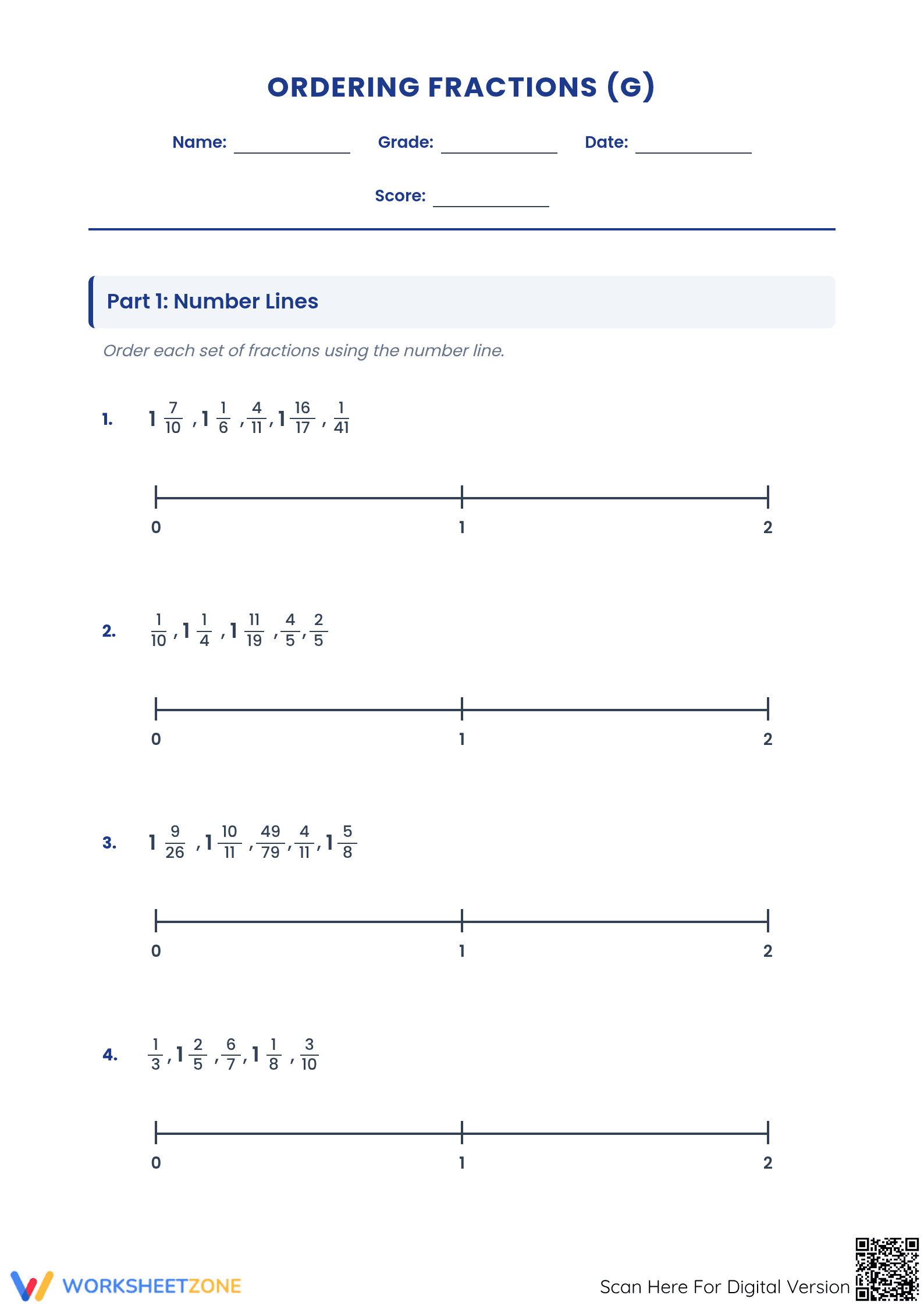 Ordering Fractions on a Number Line Printable Worksheet - Page 1