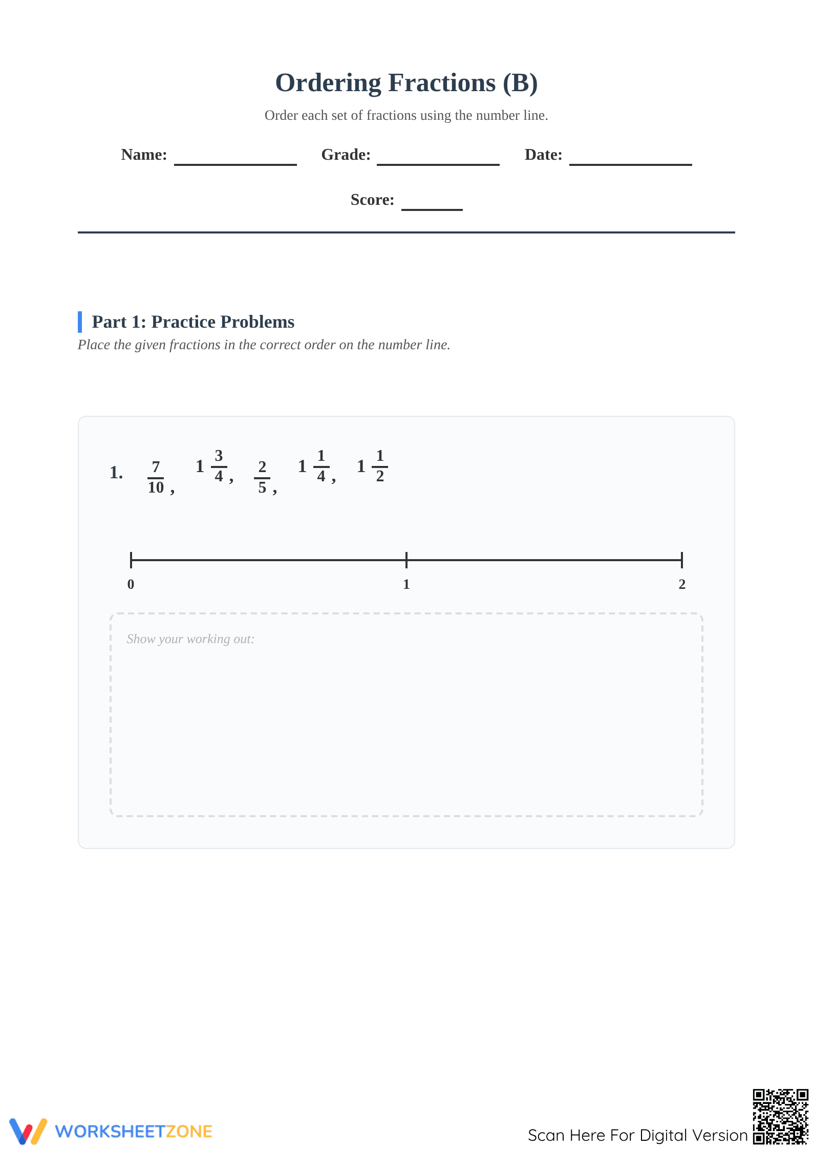 Essential Ordering Fractions on a Number Line Worksheet - Page 1