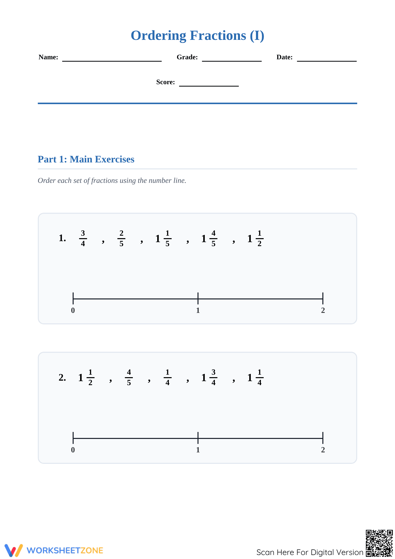 Essential Ordering Fractions on a Number Line Worksheet - Page 1