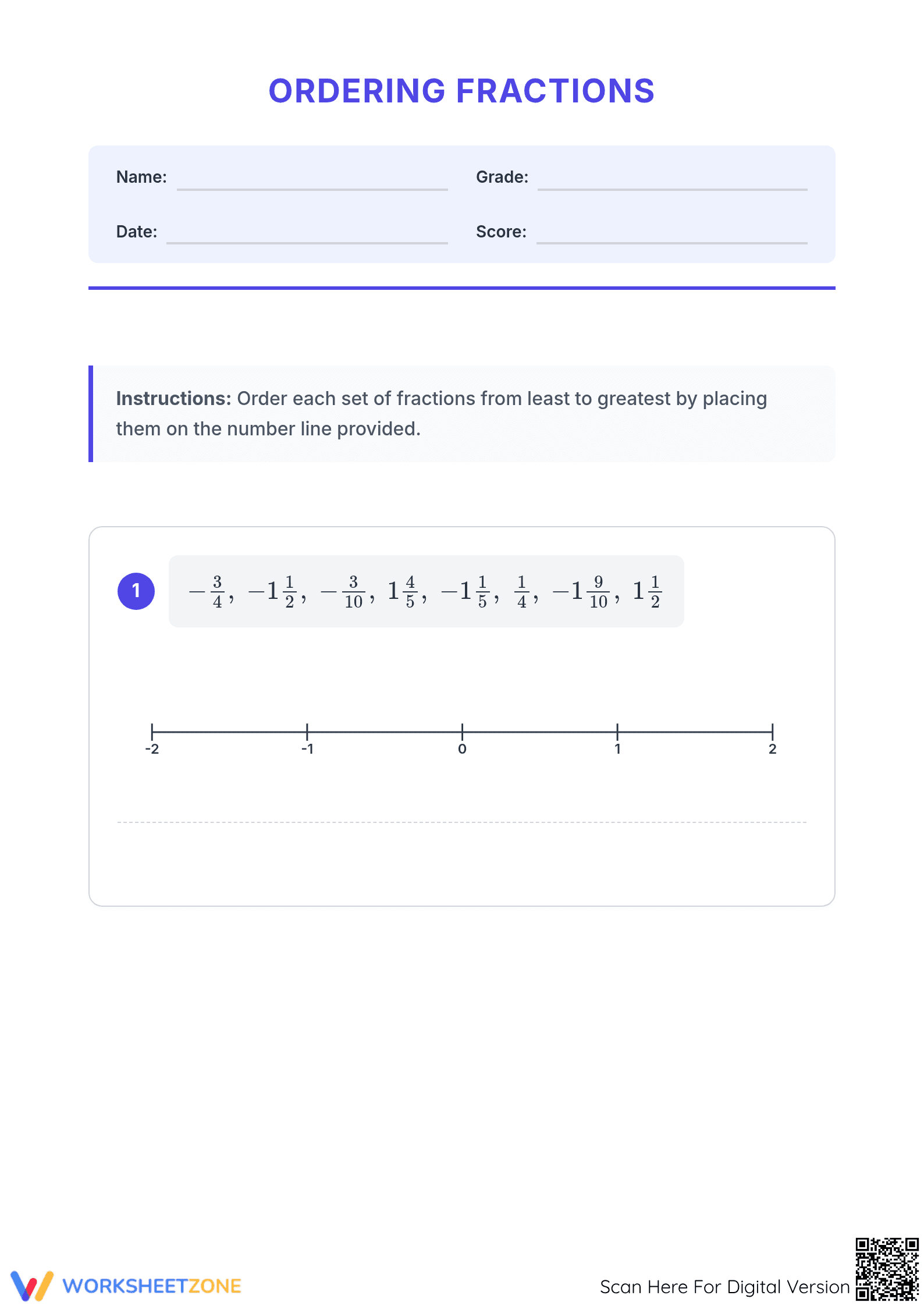 Ordering Fractions on a Number Line | Essential Math - Page 1