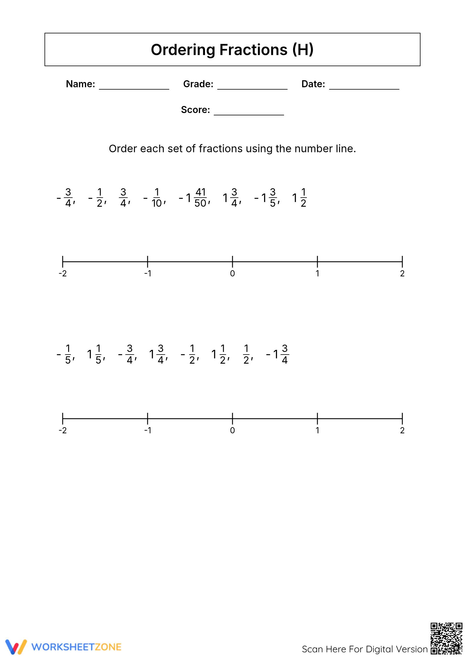 Essential Ordering Fractions on a Number Line Worksheet - Page 1