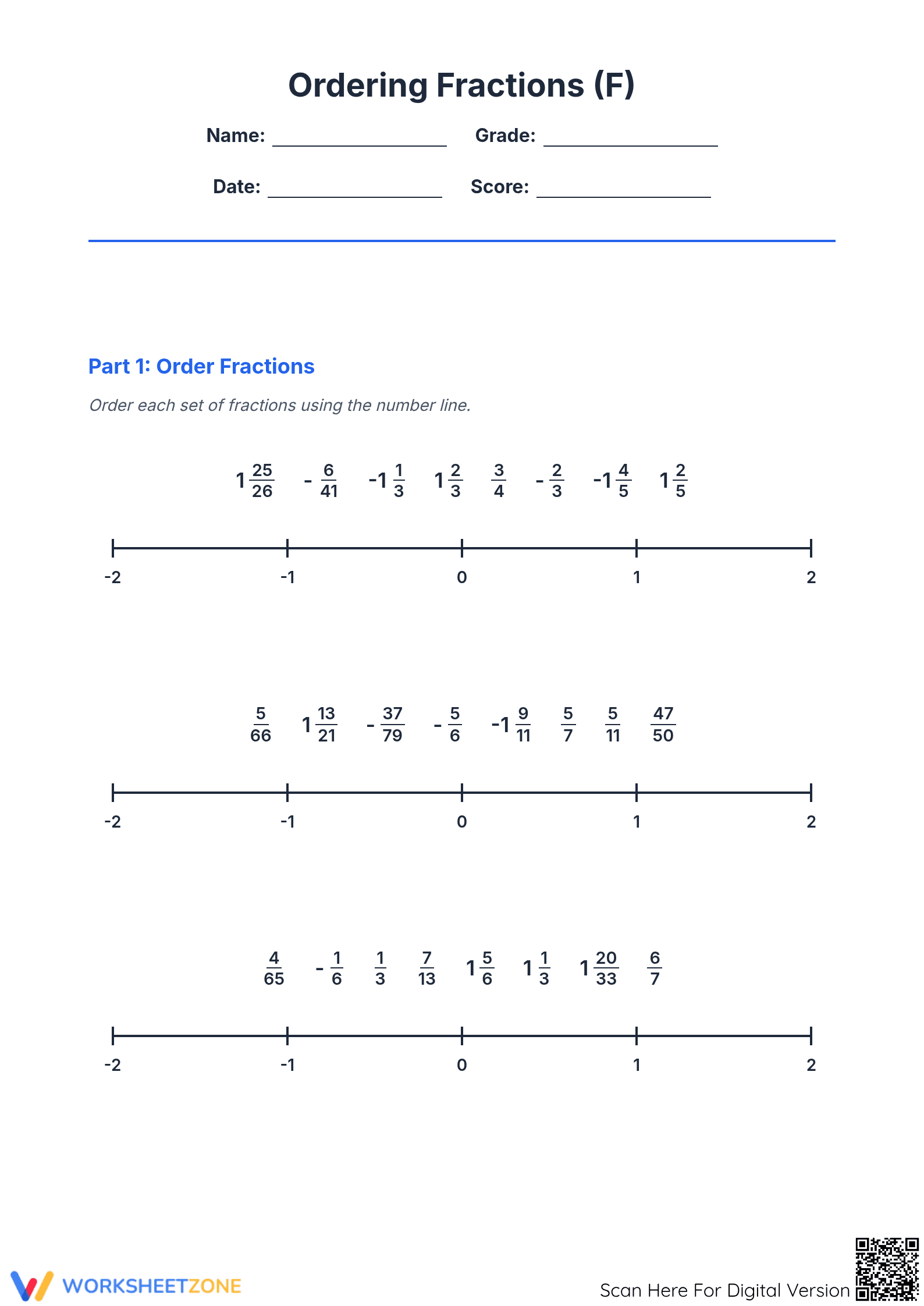 Essential Ordering Fractions on a Number Line | Grade 6 - Page 1