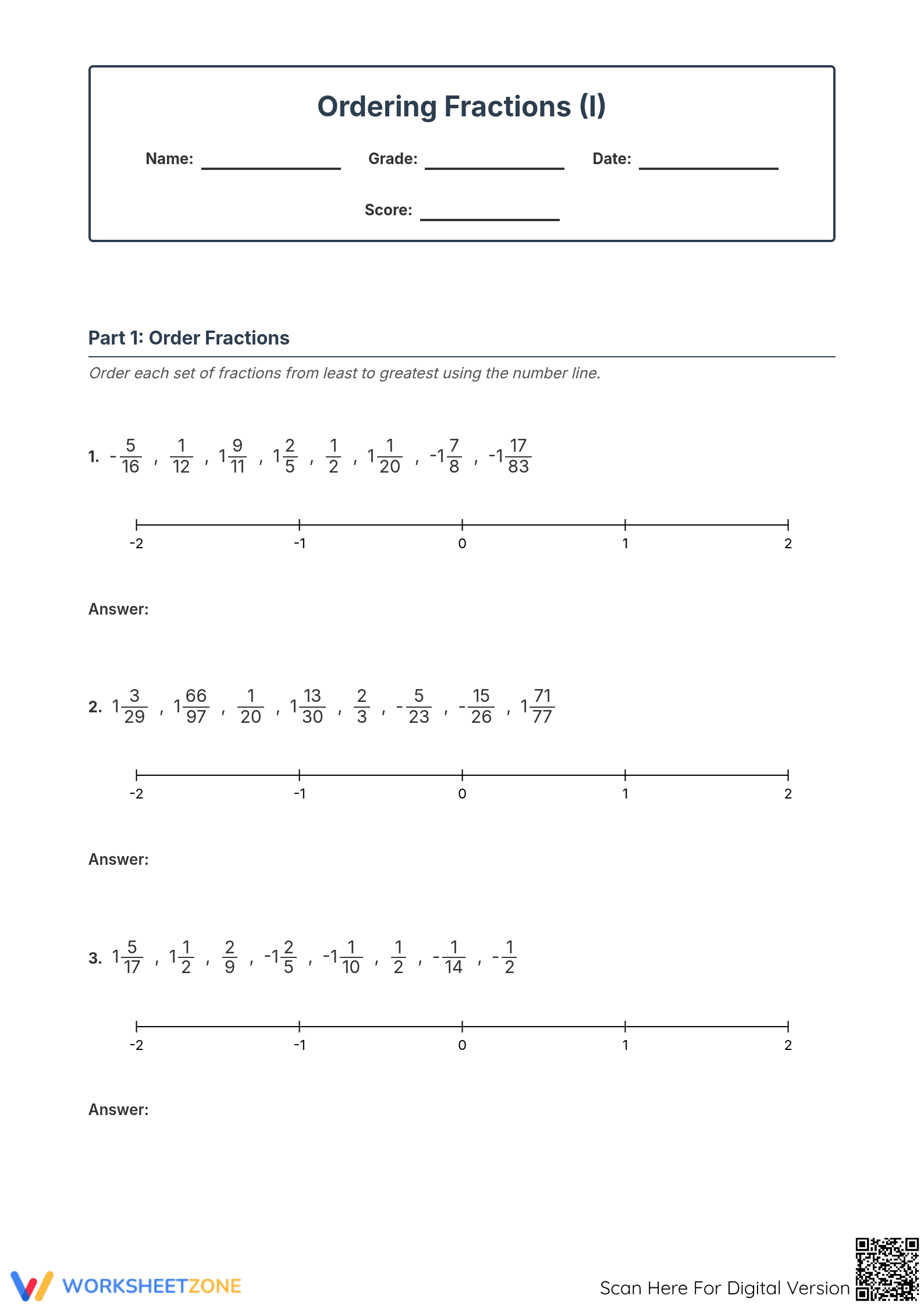 Essential Printable: Ordering Fractions on a Number Line - Page 1