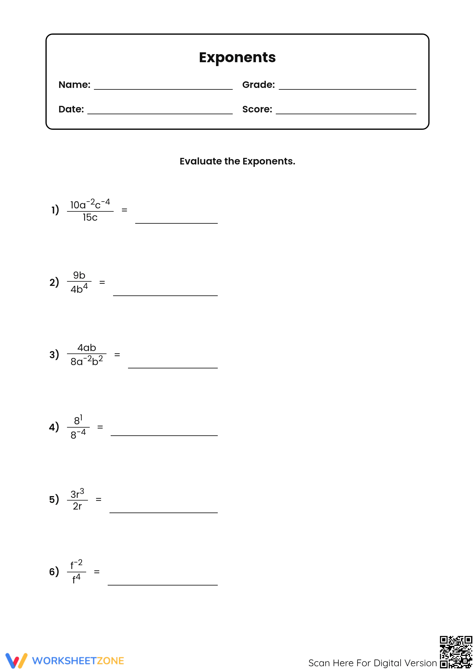 Printable Dividing Exponents Worksheet | Grade 8 Math - Page 1