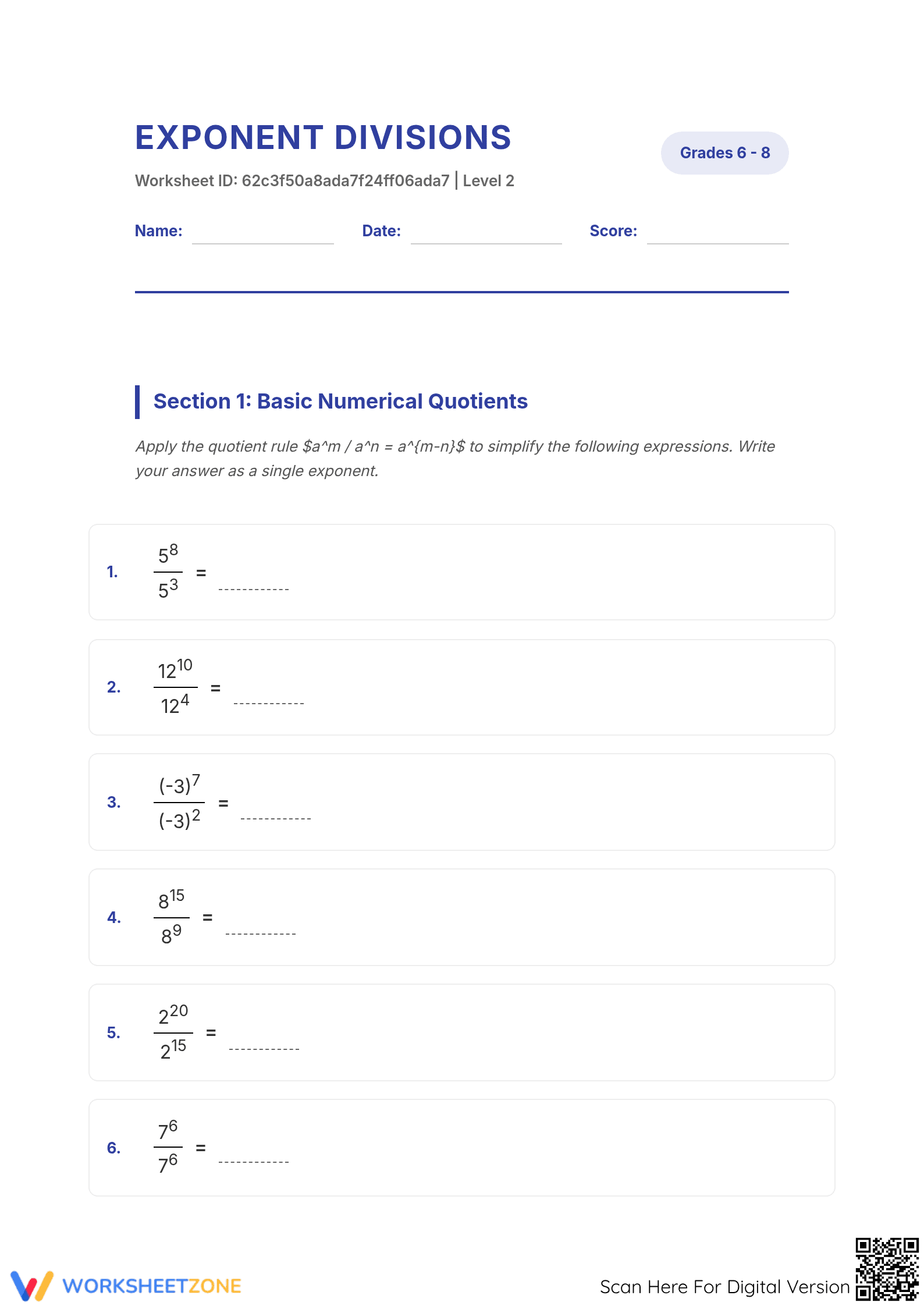 Printable Exponent Division Worksheet | Grade 8 Math - Page 1