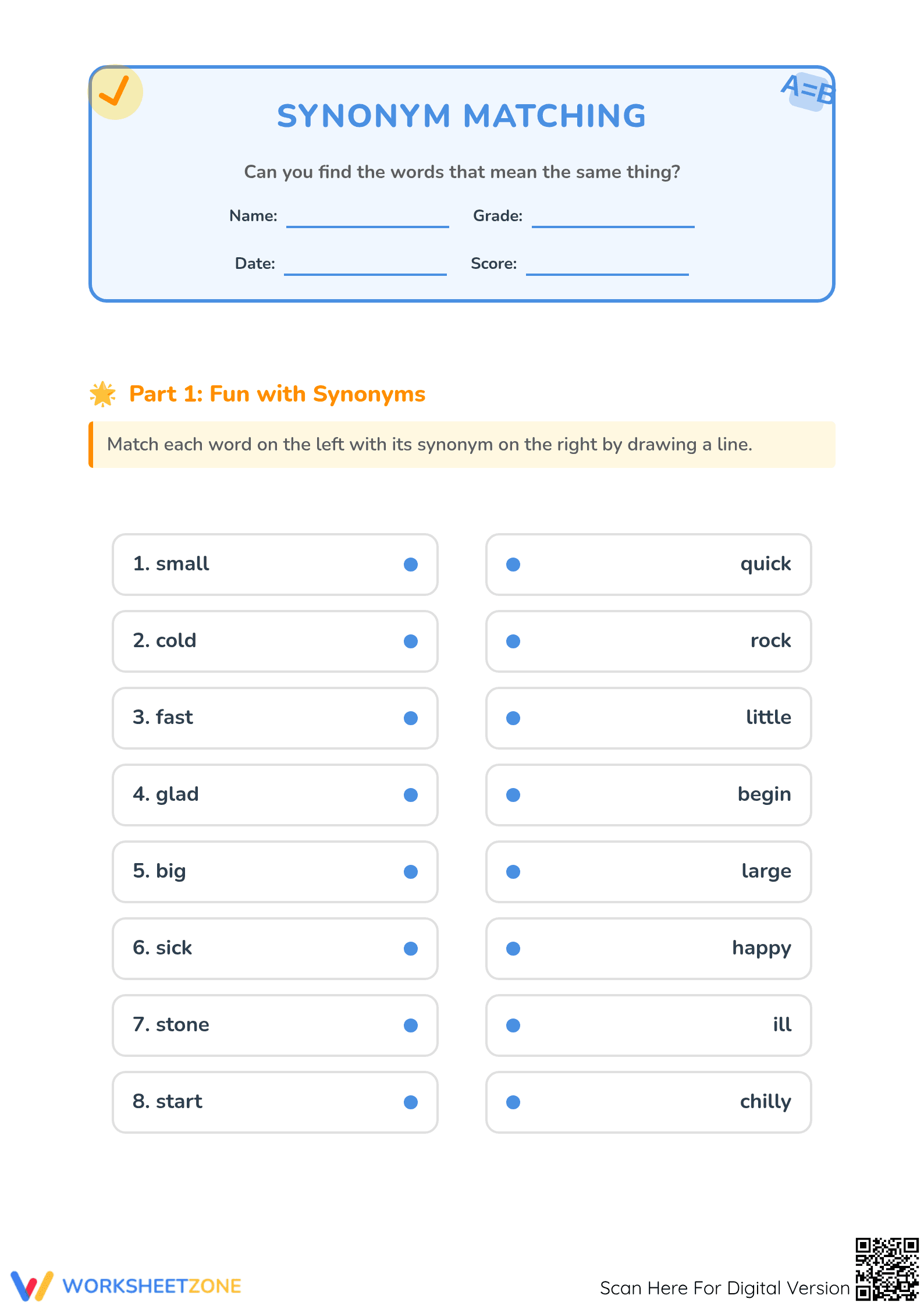 Printable Grade 1 Synonym Matching Worksheet: Essential Guide - Page 1