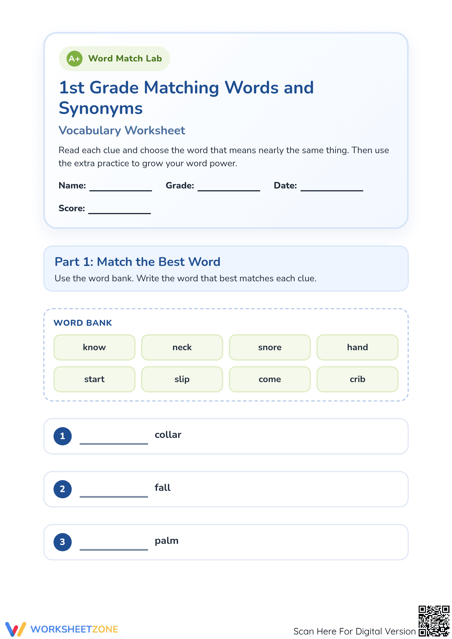 Essential Synonyms Worksheet | Grade 1 Printable - Page 1