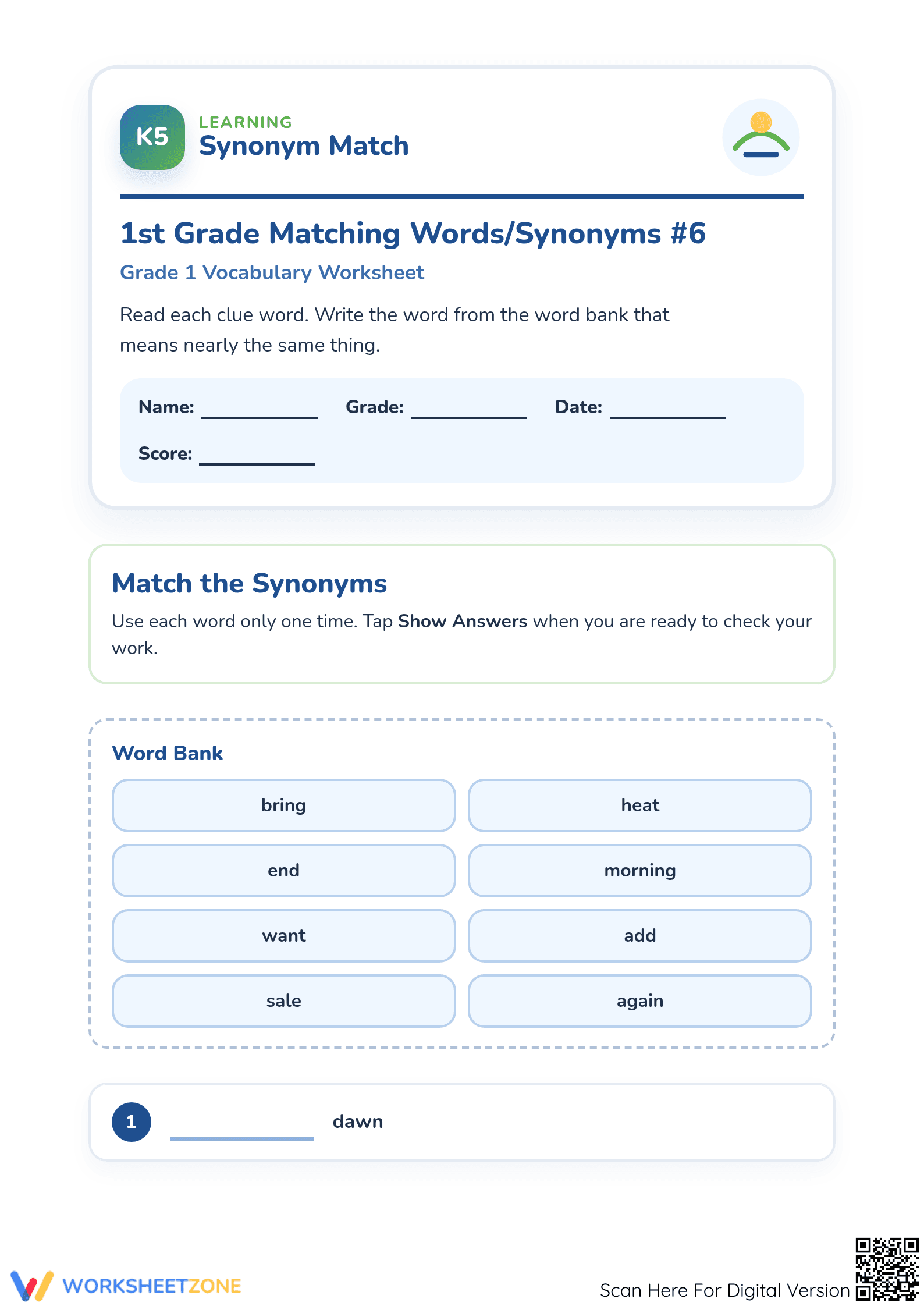 Printable Synonym Match Worksheet | Grade 1 ELA - Page 1