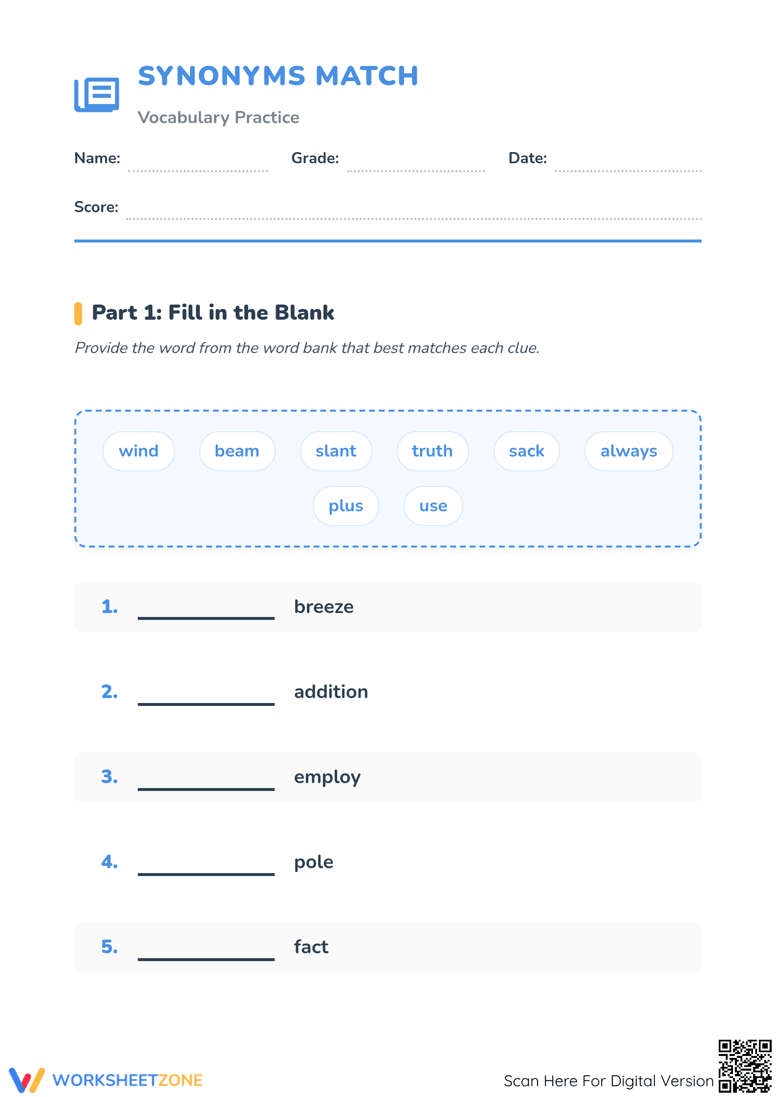 Printable Synonyms Worksheet | Grade 1 ELA Practice - Page 1