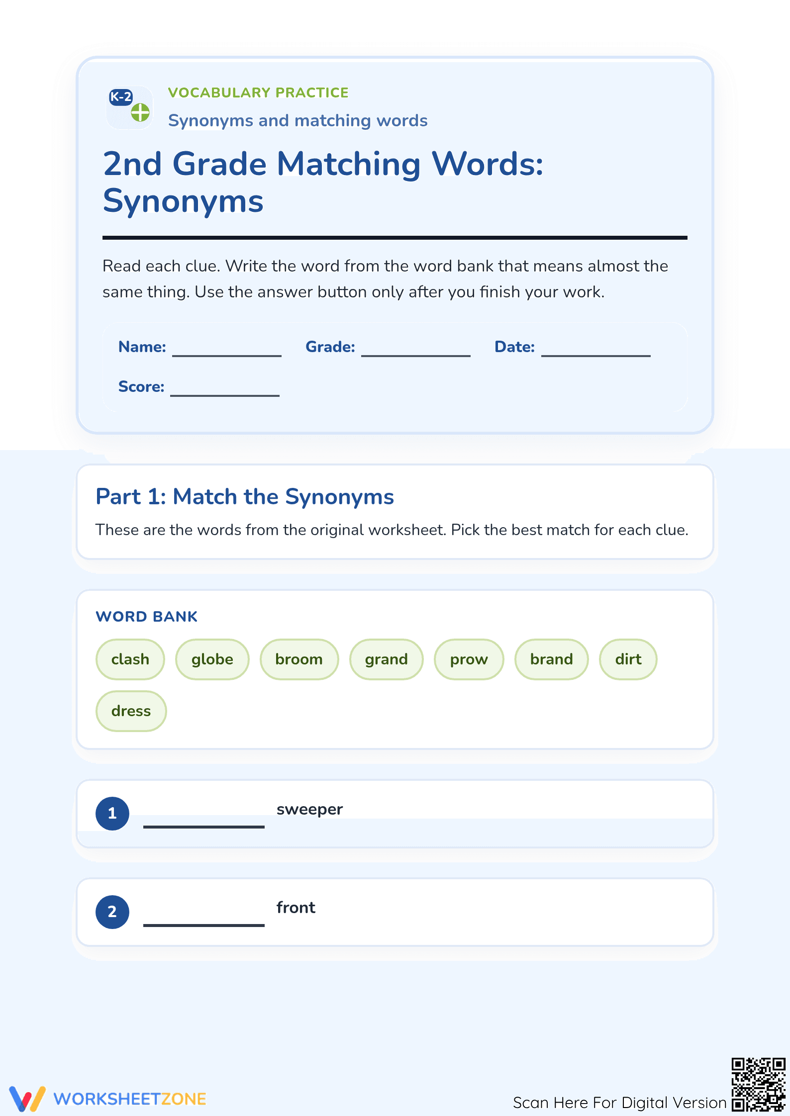 Printable Grade 1 Synonym Matching Worksheet | Aligned - Page 1