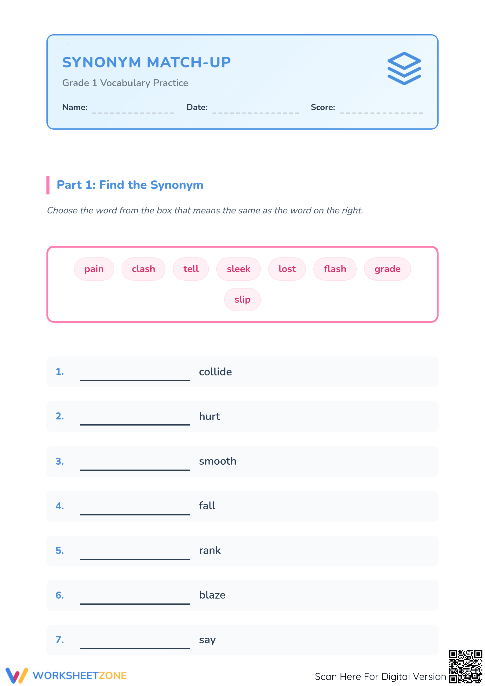 Essential Synonym Practice Worksheet | Grade 1 ELA - Page 1