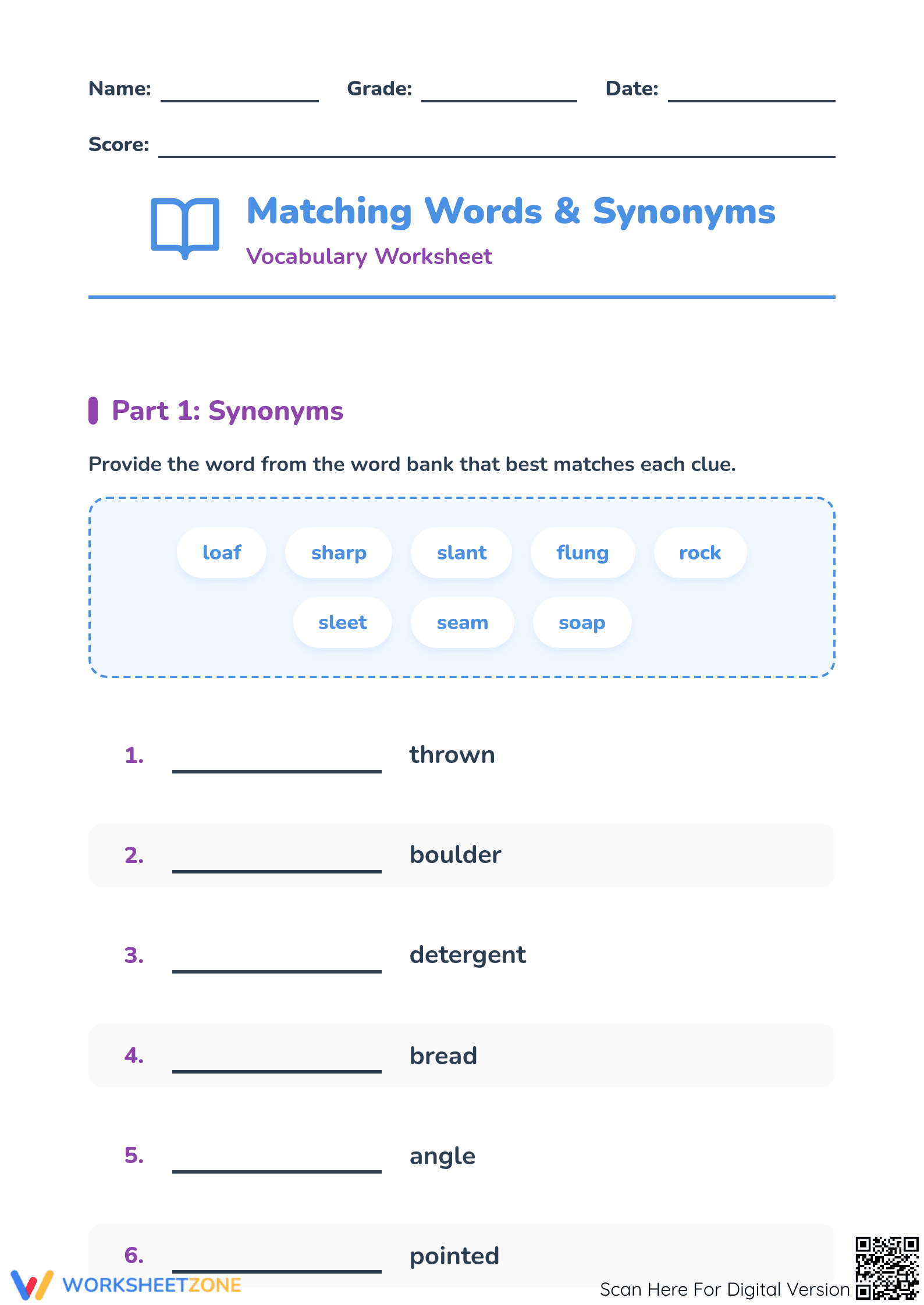 Grade 1 Synonyms Matching — Printable No-Prep Worksheet - Page 1