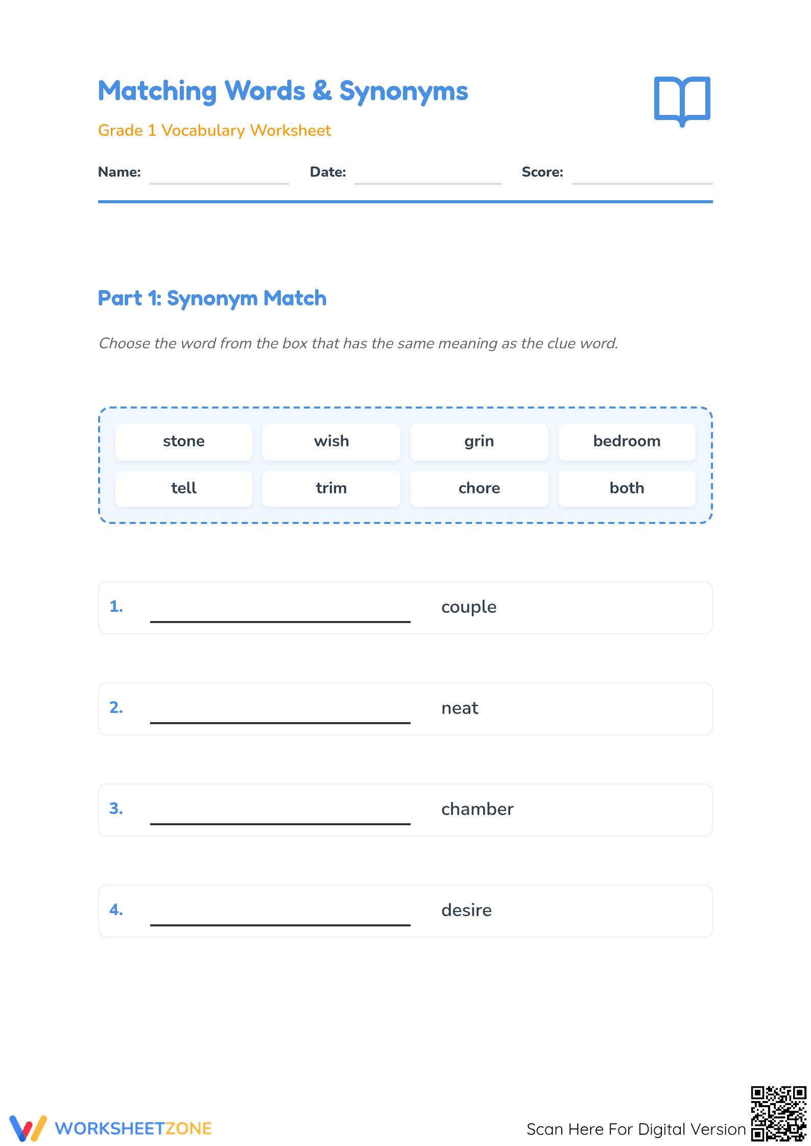 Grade 1 Synonym Matching Worksheet | Essential Practice - Page 1